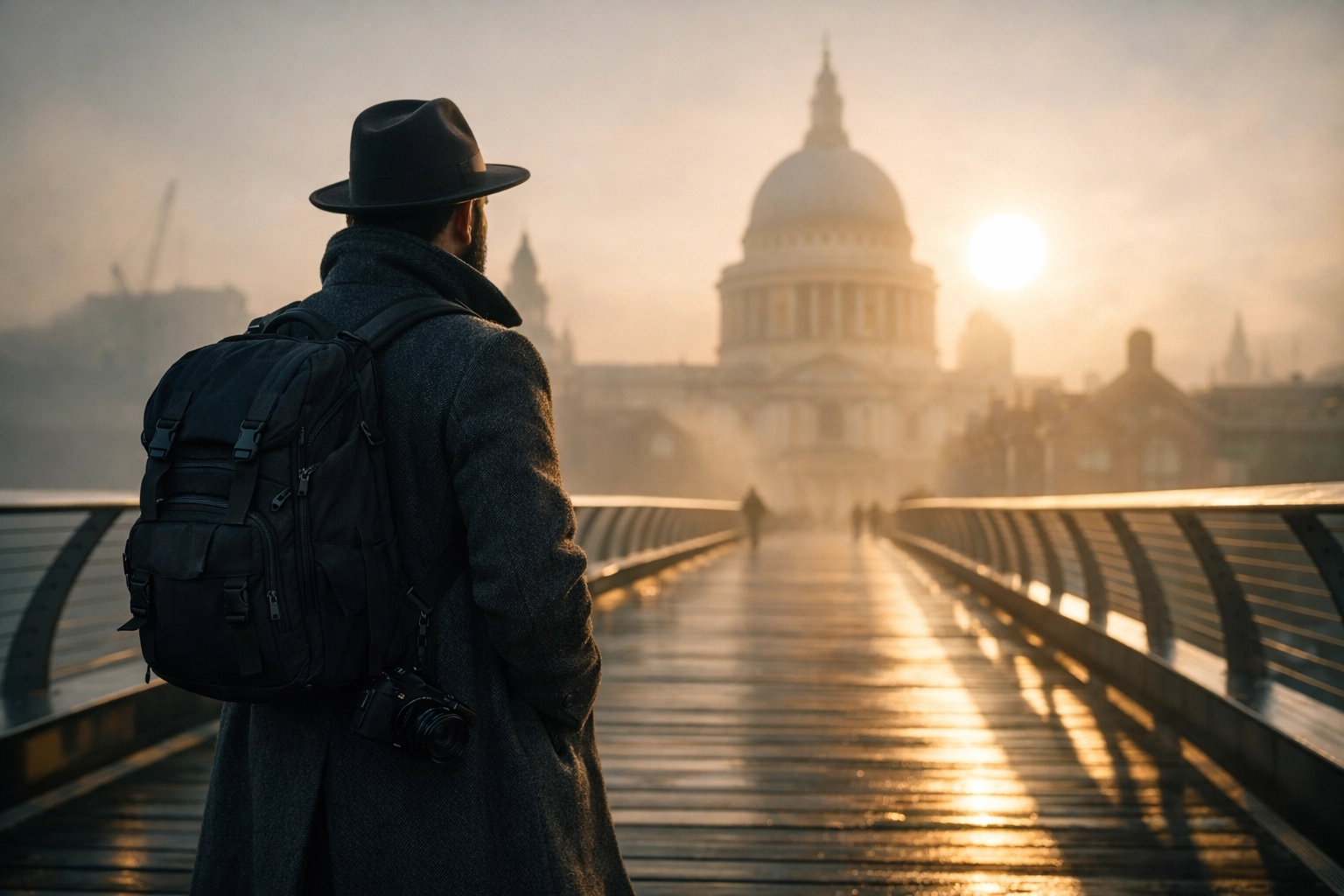 International traveler on the Millennium Bridge at sunrise managing morning time in London.