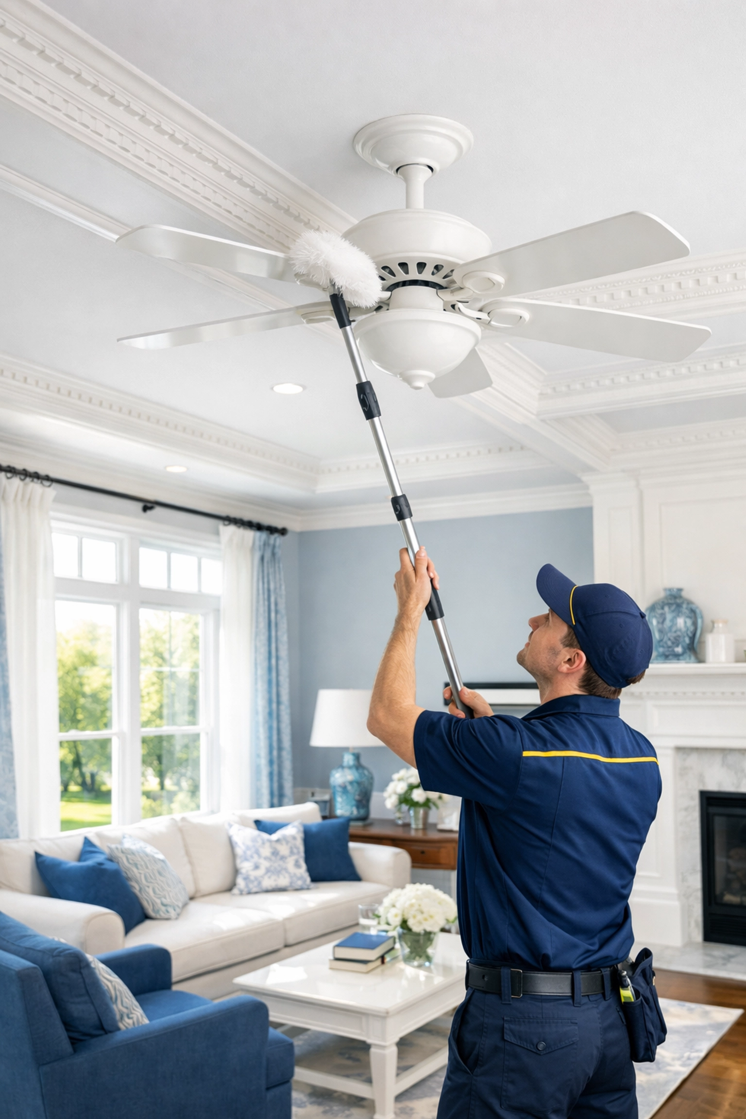 Professional cleaner dusting a ceiling fan during a Move-In Cleaning in Newton for a spotless home.