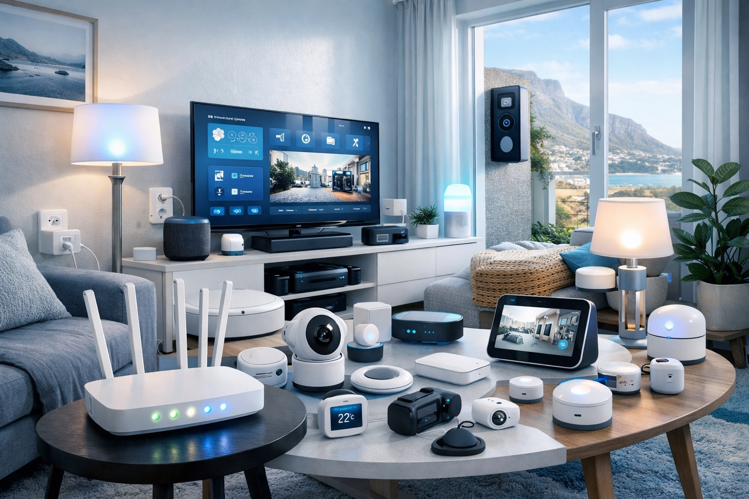 Modern living room with multiple smart home devices connected to WiFi router
