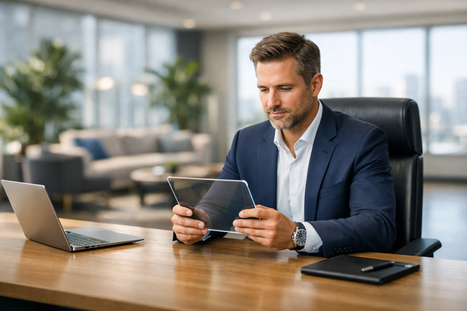 Small business owner using a digital tablet in a modern office to manage strategic AI agent orchestration and automation.