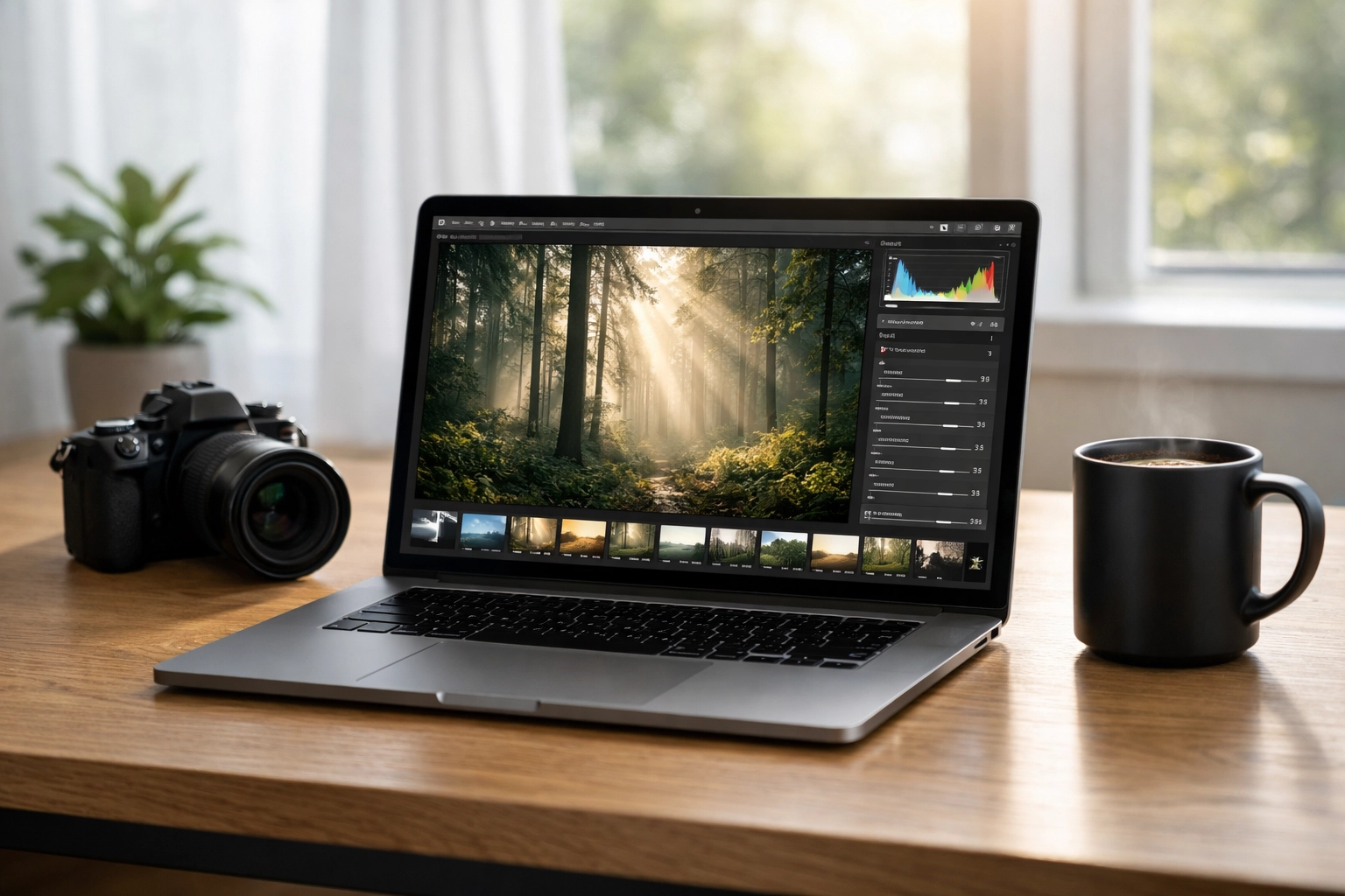 Modern photography workspace featuring a laptop and camera for efficient image processing and workflow.