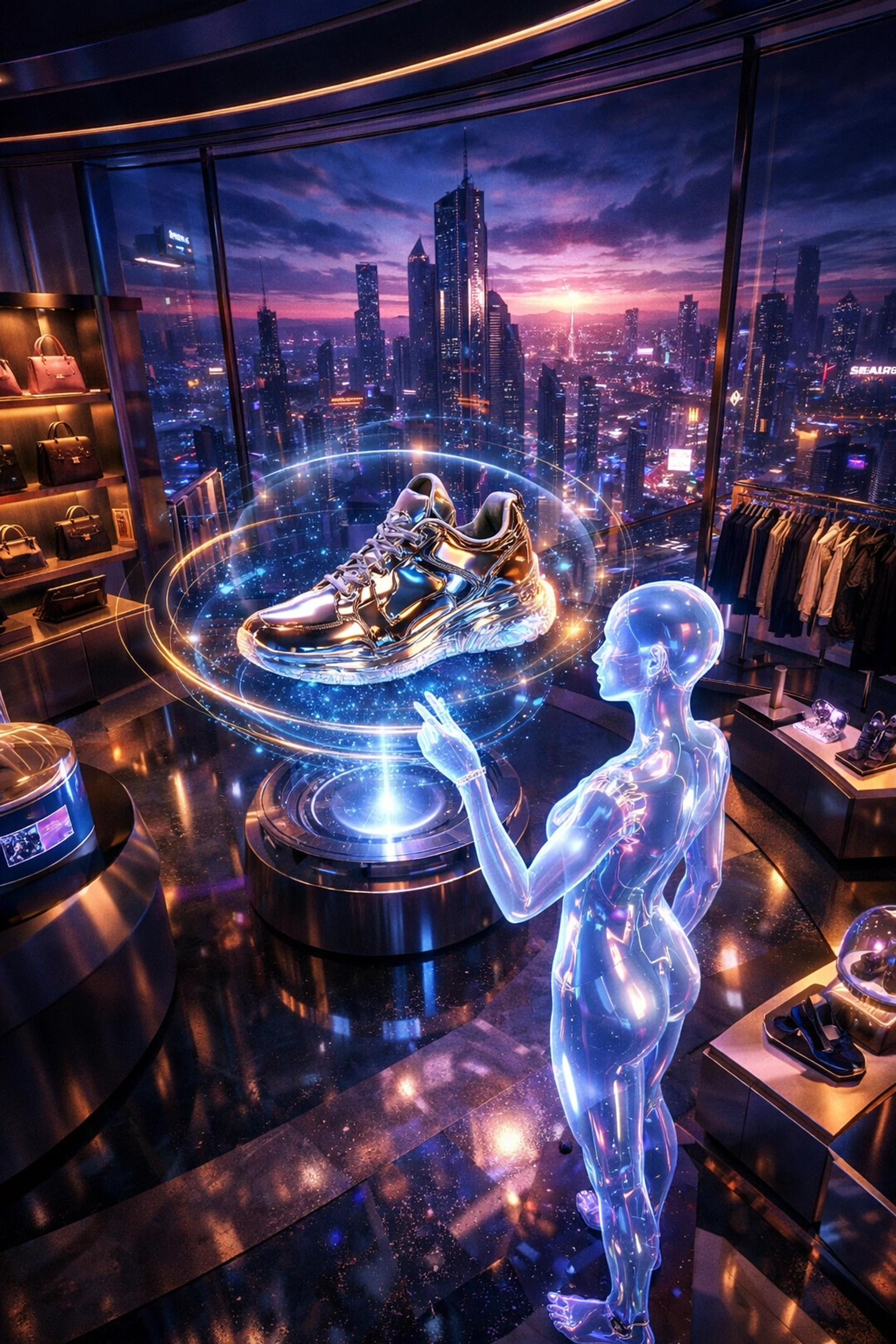 AI-driven metaverse shopping experience with holographic products and crypto payments.