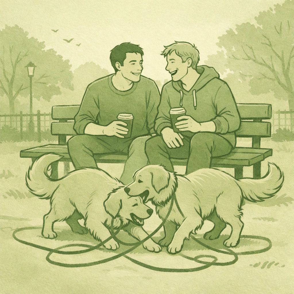 Two gay men meeting at dog park with golden retrievers laughing together