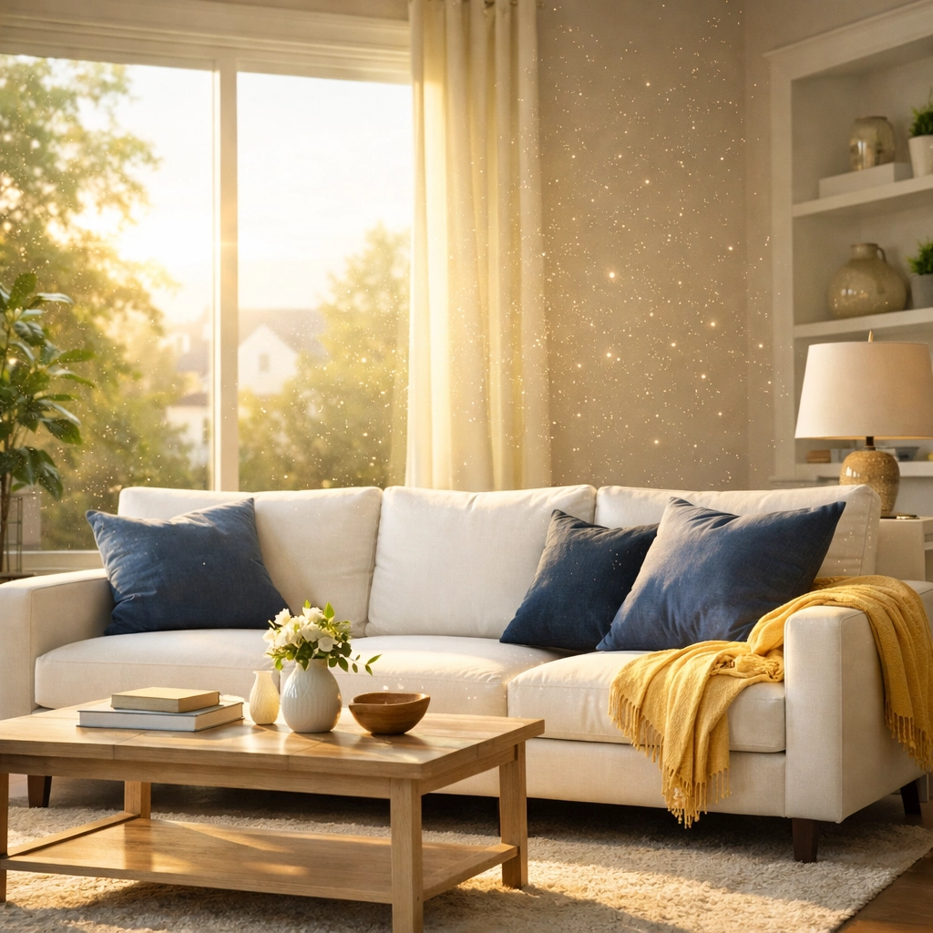 Clean living room in Acton MA with sunlight showing improved indoor air quality.