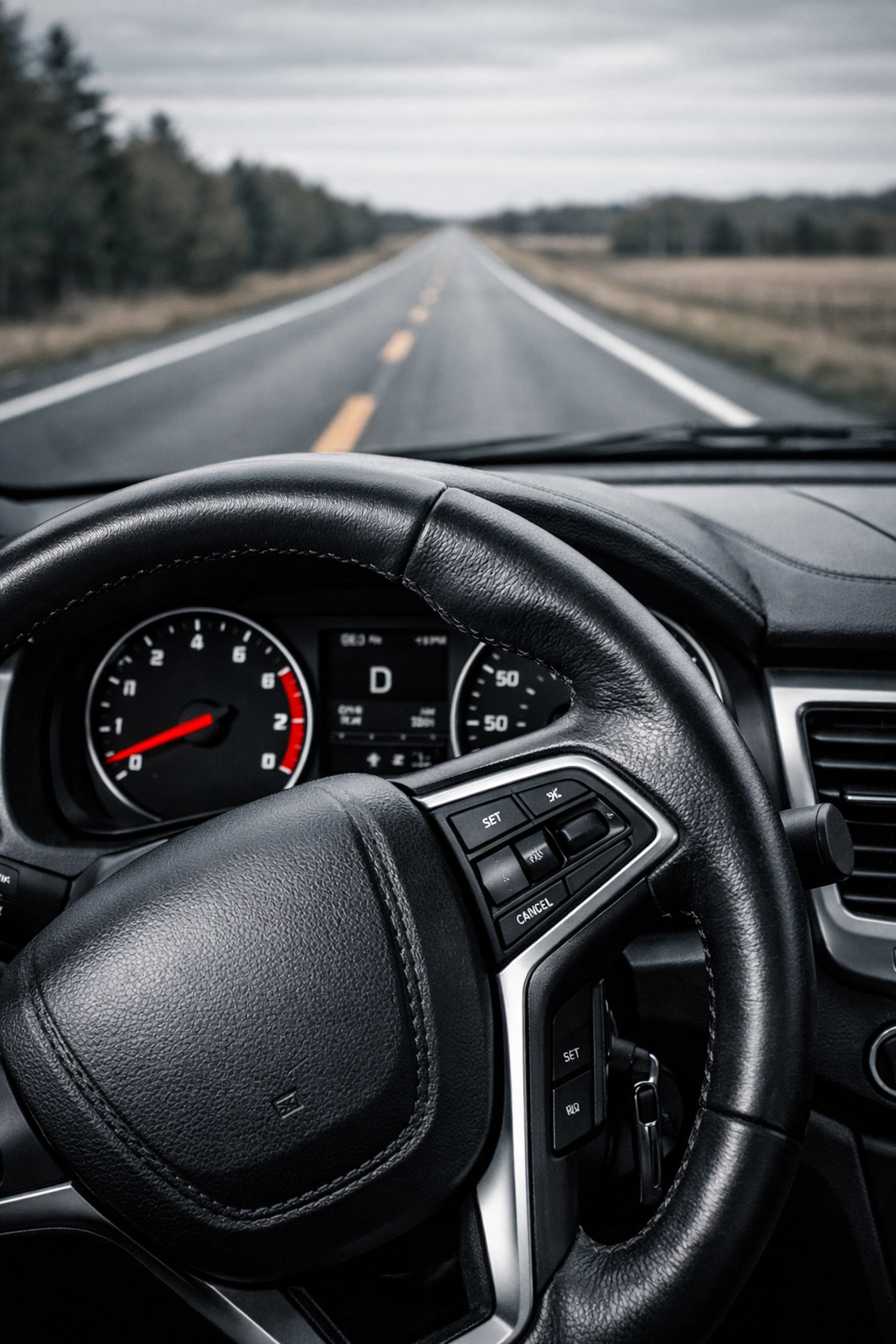 Crooked steering wheel showing signs of poor wheel alignment while driving on a straight road.