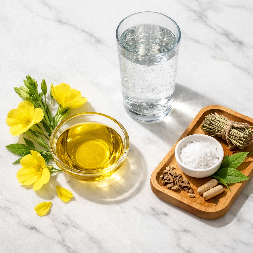 Golden evening primrose oil and fresh wildflowers on a clean surface for a natural health routine.