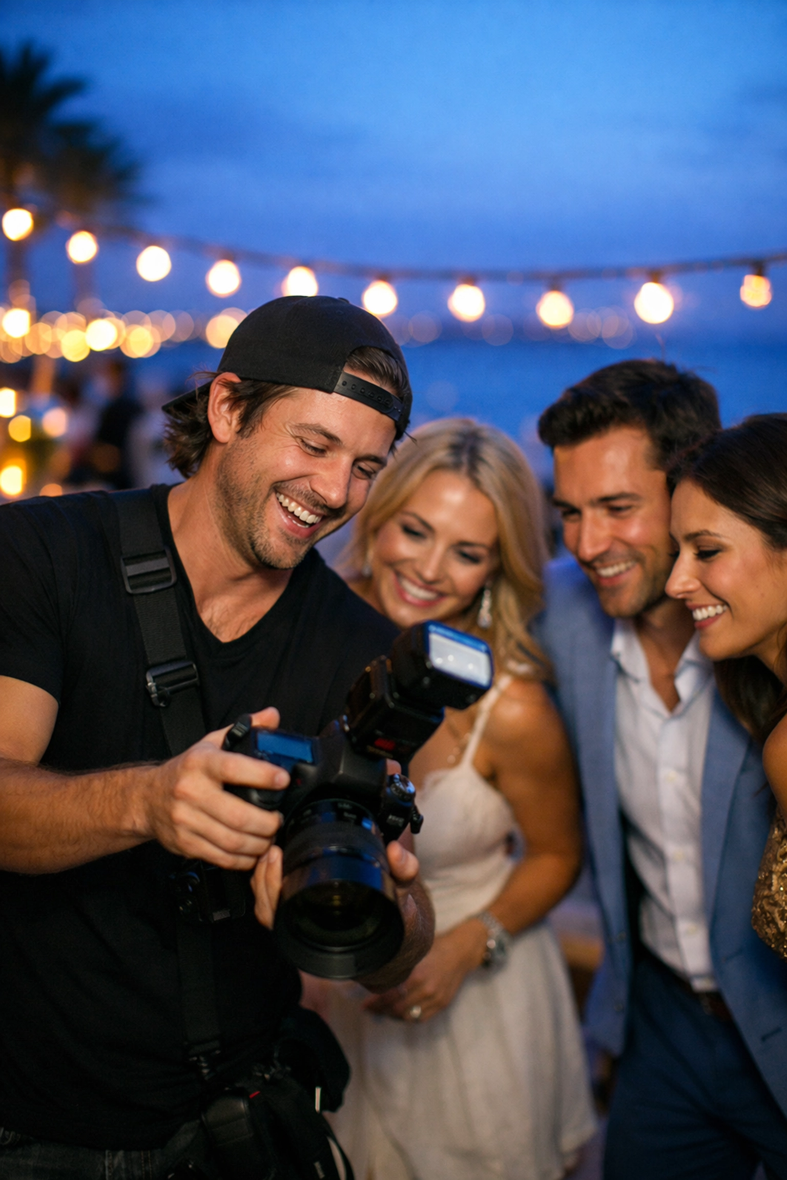 The Ultimate Guide to Finding Photography Work in 2026: Everything You Need to Succeed 4 Professional event photographer reviewing shots with clients during a rooftop shoot in Palm Beach.