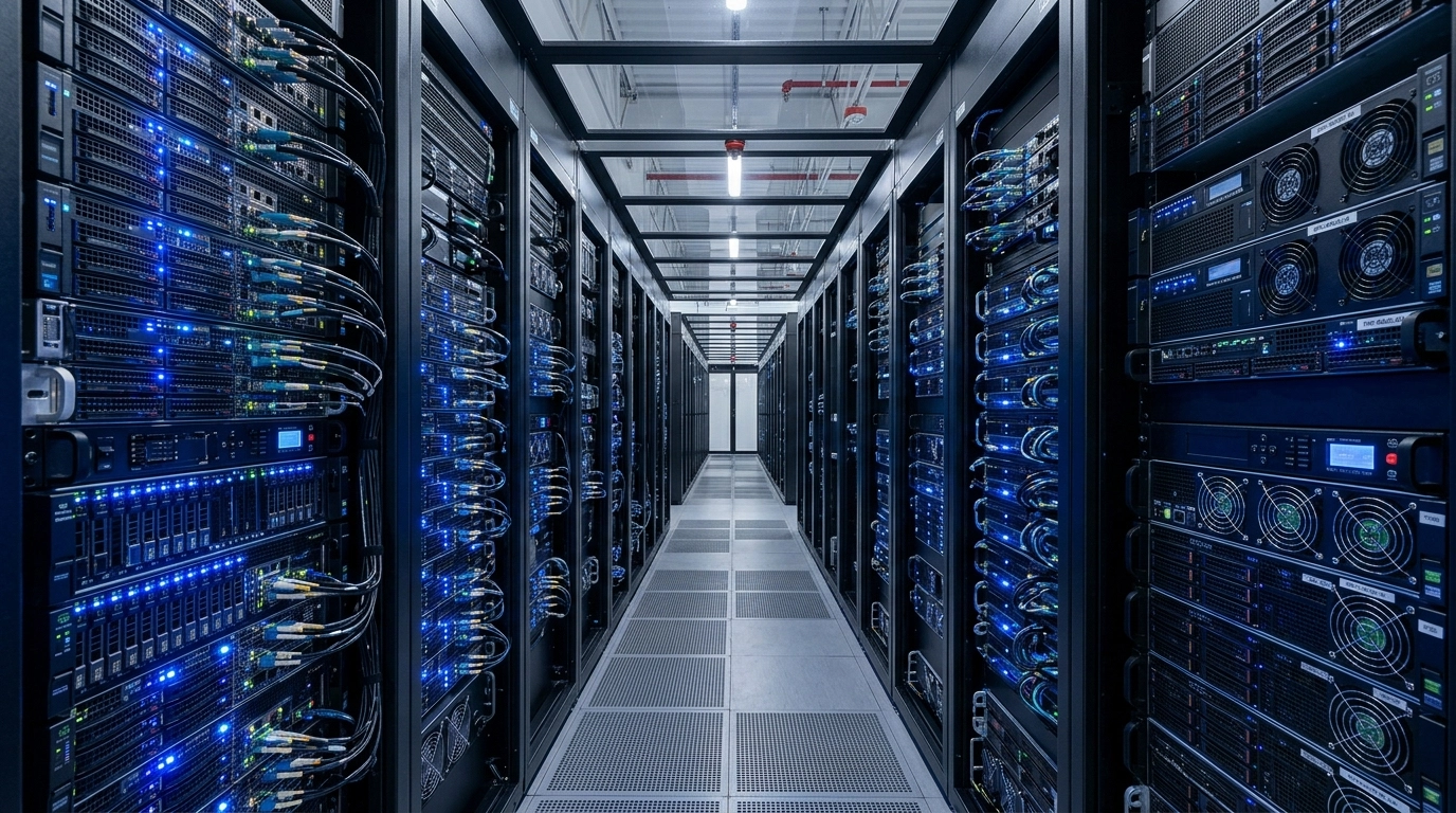 Modern high-density data center cold aisle with AI-optimized server racks
