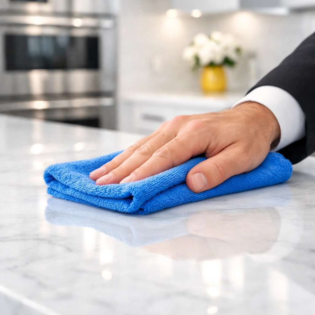 Close up of a marble kitchen counter polished by a reliable house cleaning service Newton MA professional.