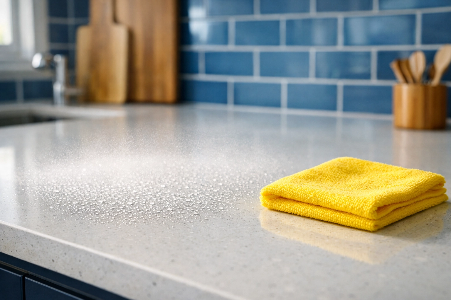 Cleaning solution mist on a white kitchen counter for proper dwell time during deep cleaning Worcester.