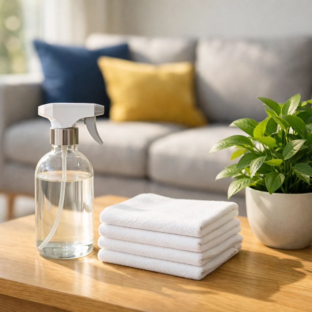 Eco-friendly house cleaning MA supplies arranged in a sun-drenched, professionally cleaned living room.