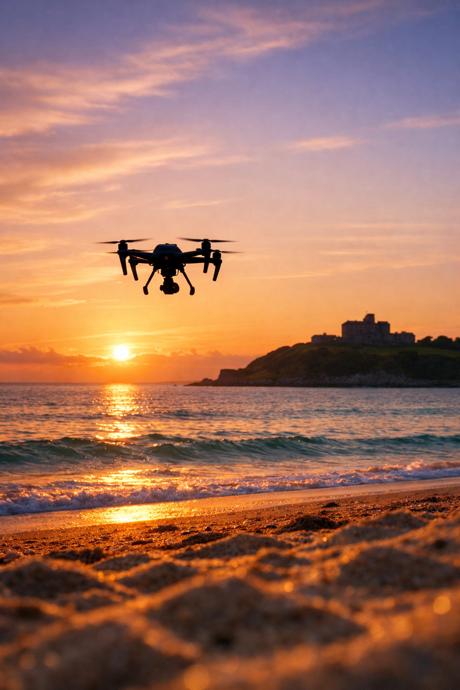 Drone ash scattering ceremony at Gyllyngvase Beach, Falmouth, during a peaceful sunset over the ocean.