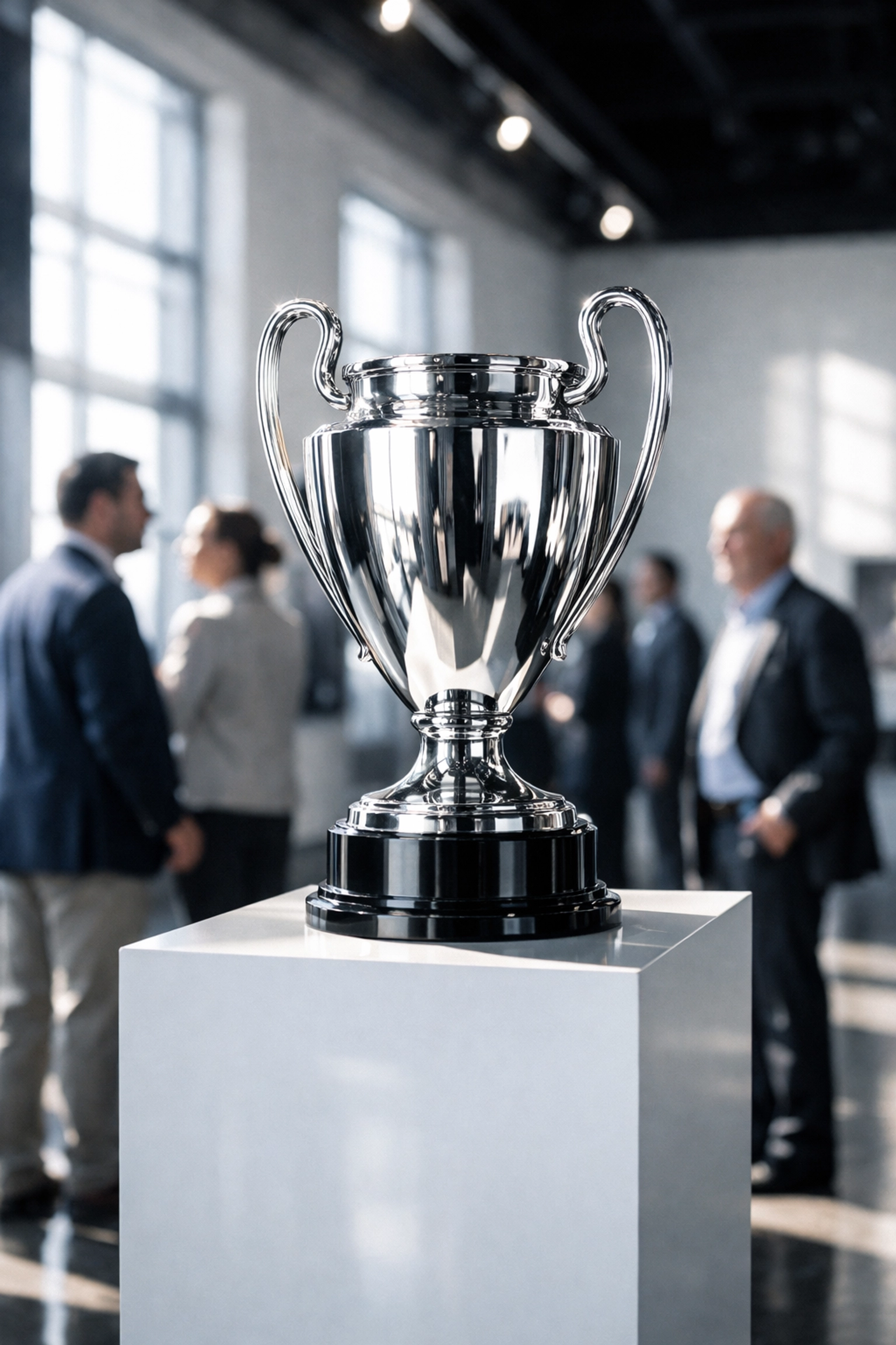 A silver championship trophy on a pedestal at the Super Bowl 2026 fan experience, creating tangible connections.