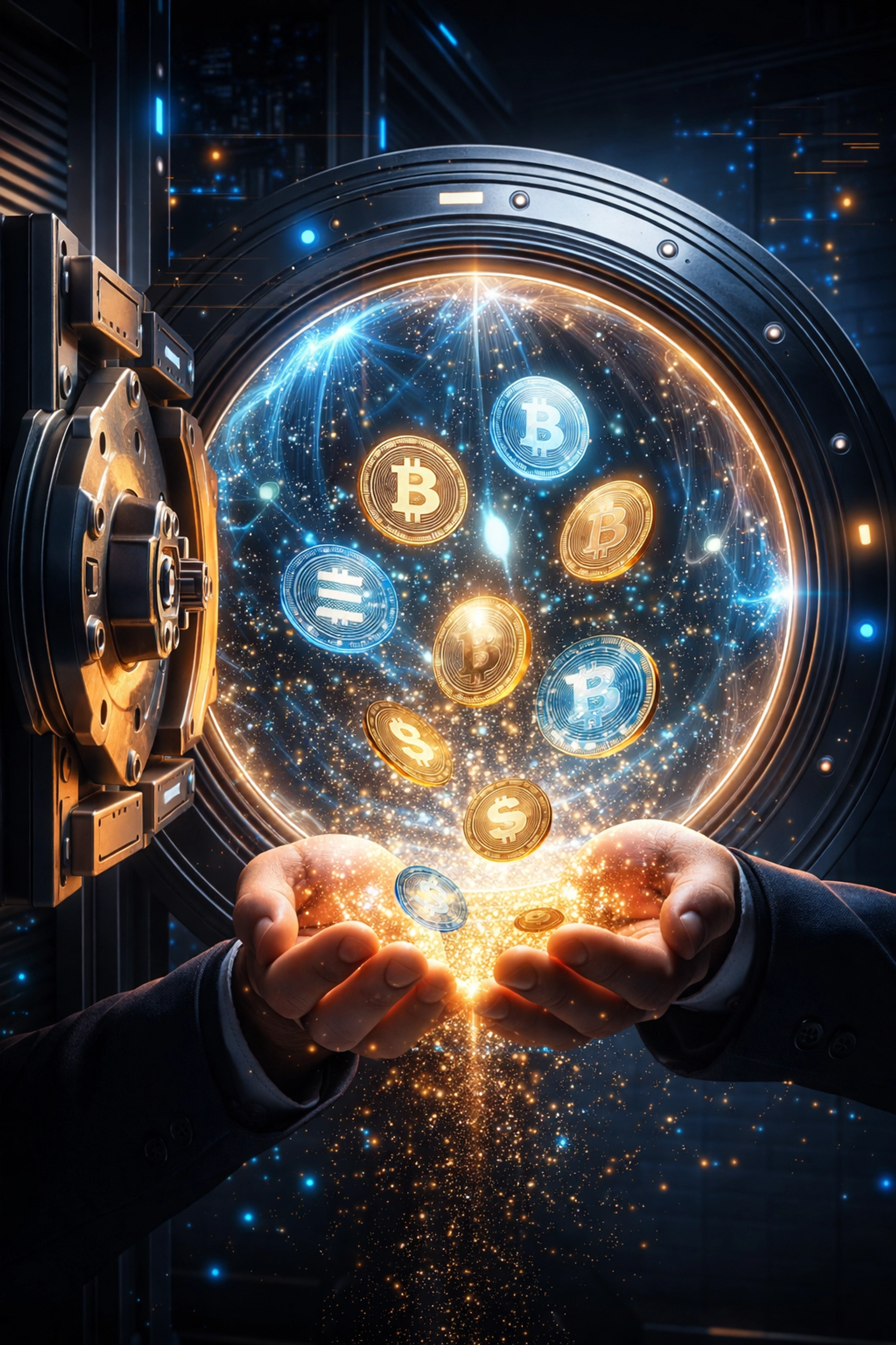 Secure digital vault with crypto tokens flowing to merchant hands, representing self-custody receivables token control