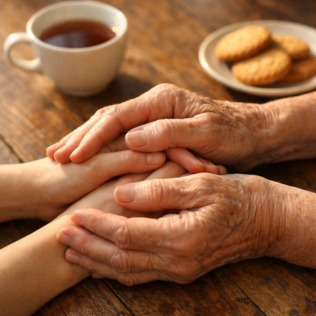 Compassionate dementia care showing carer holding elderly person's hands