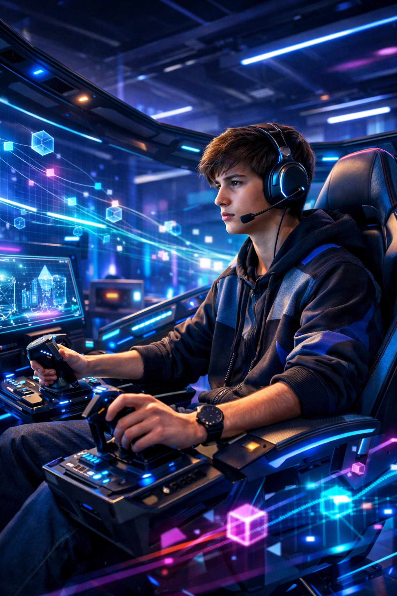 Student participating in workforce development through a futuristic high school esports simulation pod.