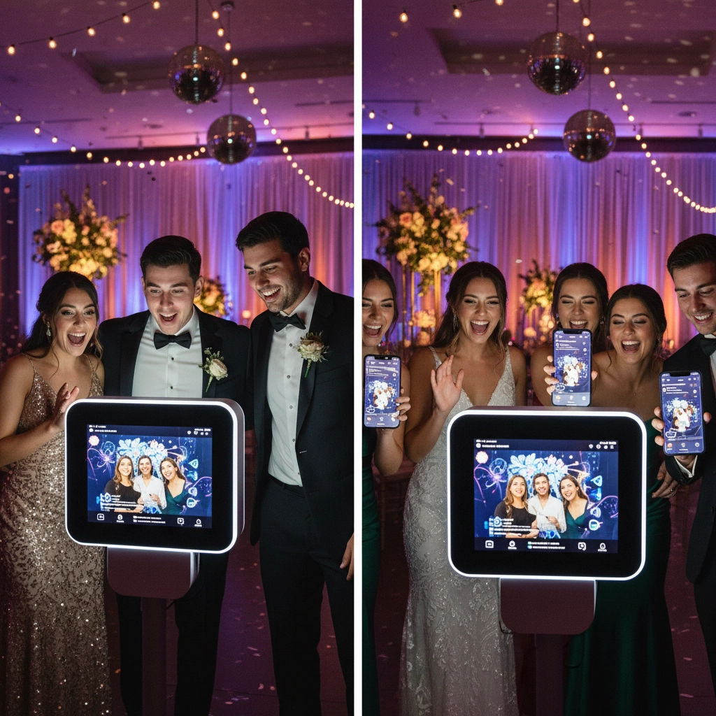 Guests in formal attire gather around a photo booth at a wedding, smiling and showing phone screens. Background features flowers and fairy lights.