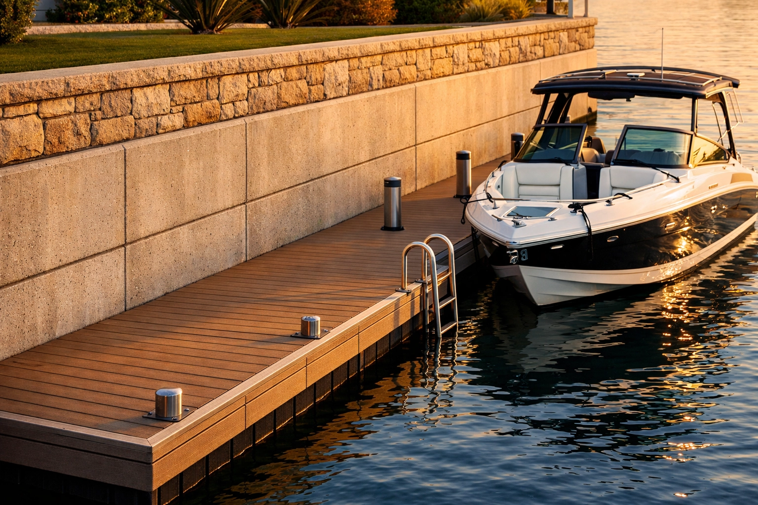 High-quality concrete seawall and composite boat dock at a waterfront home in Cape Coral.