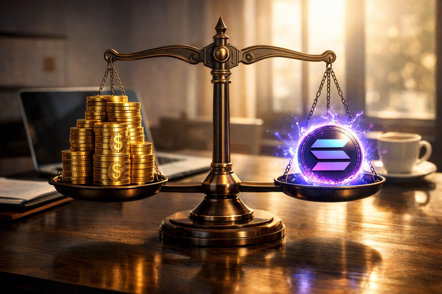 Balance scale comparing traditional payment processor fees versus low-cost Solana blockchain fees