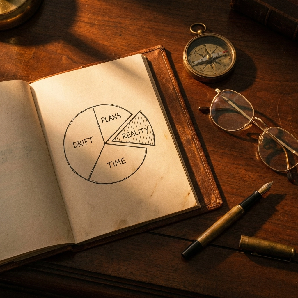 A neat desk with financial planning tools and a misaligned pie chart, representing the importance of regular portfolio rebalancing.