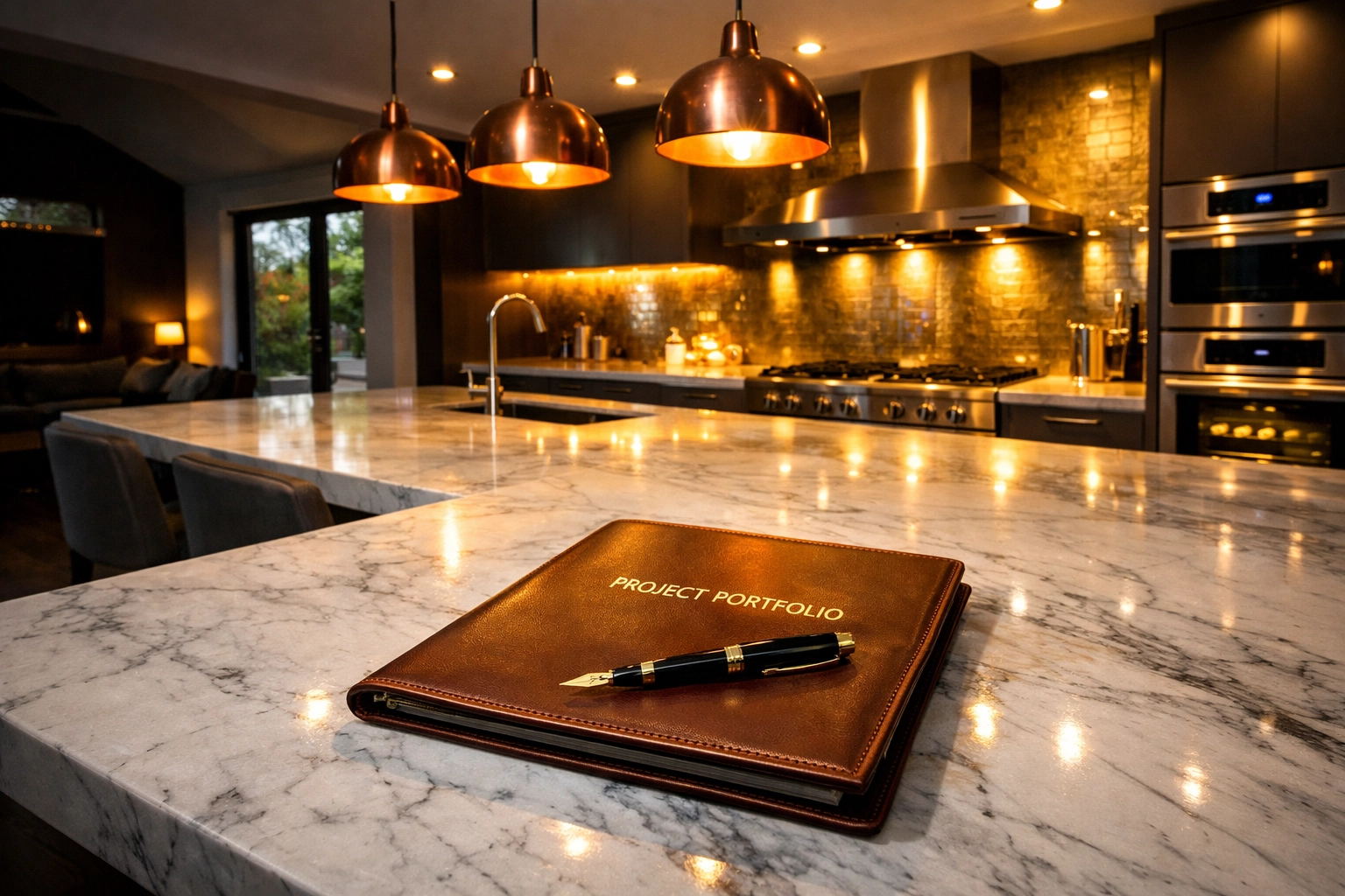 Finished luxury open-plan kitchen extension with marble island and a signed building project contract.