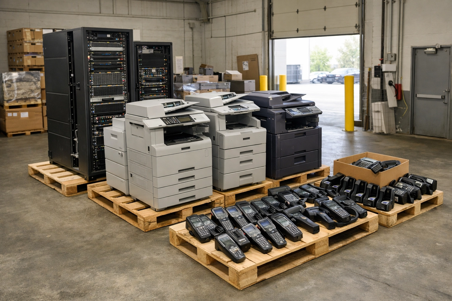 Pallets of commercial e-waste like servers and printers ready for zero-landfill IT recycling in Northamptonshire.