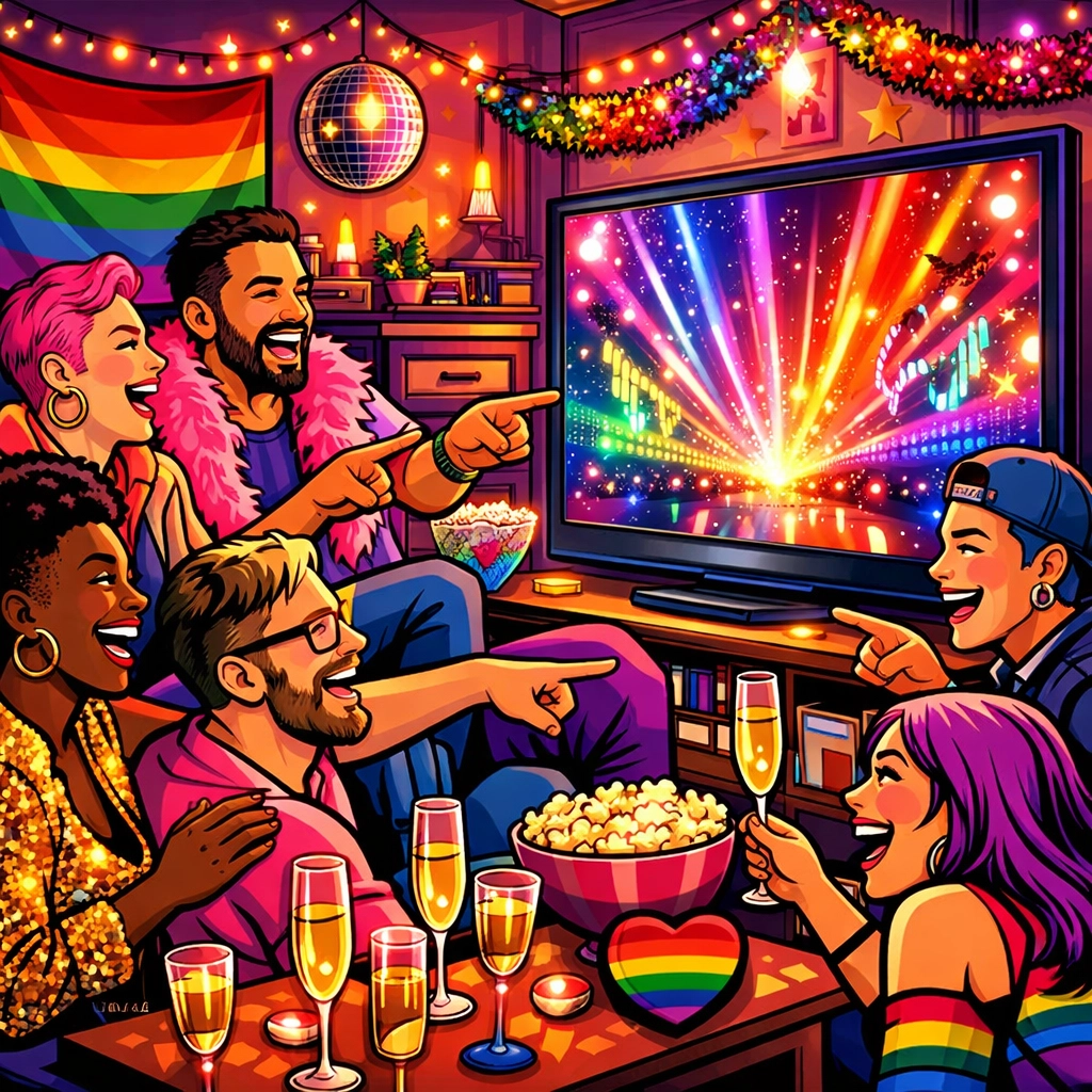 LGBTQ+ friends celebrating Eurovision together with rainbow decorations and festive atmosphere