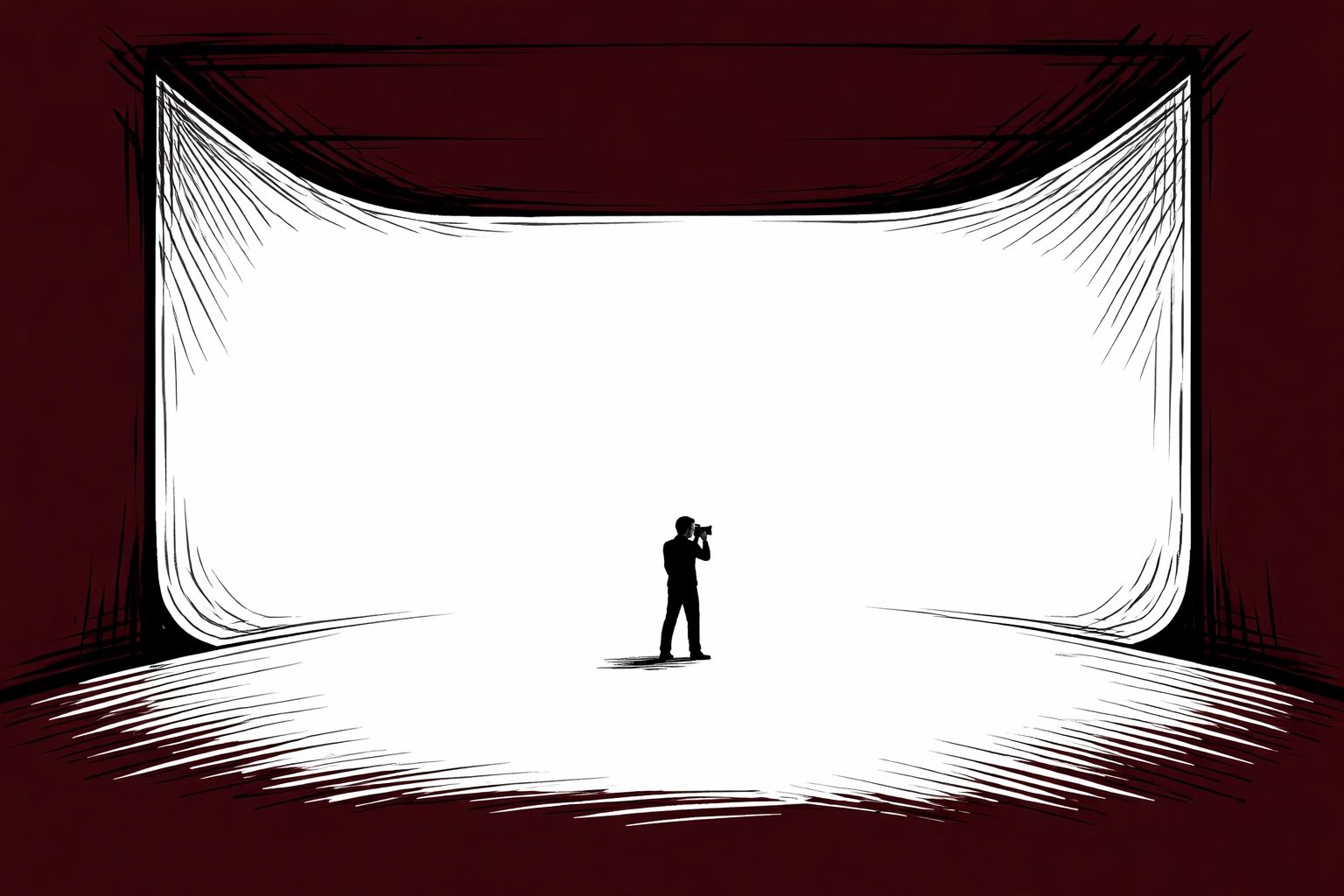 Minimalist sketch of a photographer in a large cyclorama studio, highlighting spacious creative environment.