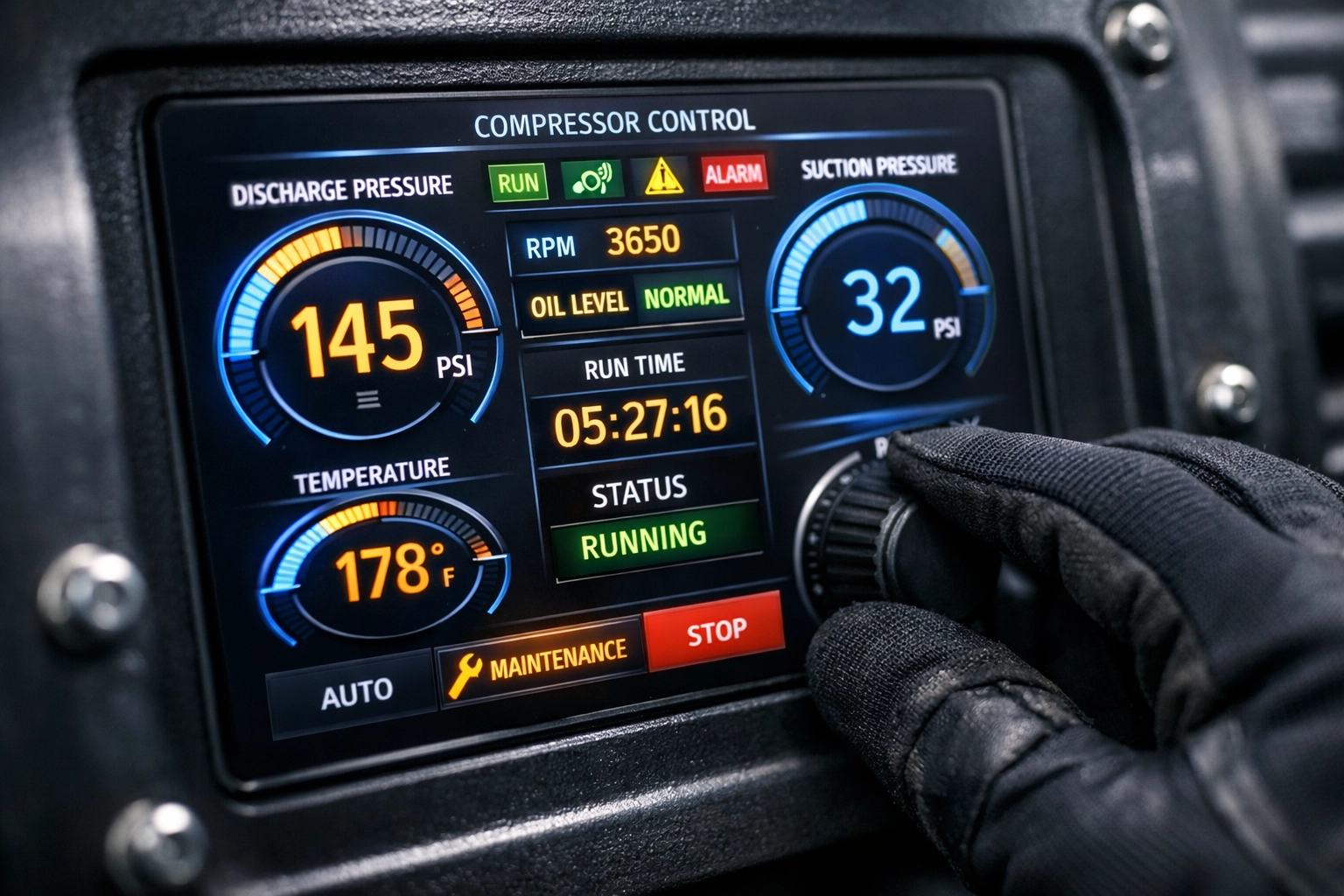 Technician identifying fault codes on a digital control panel during an air compressors service.