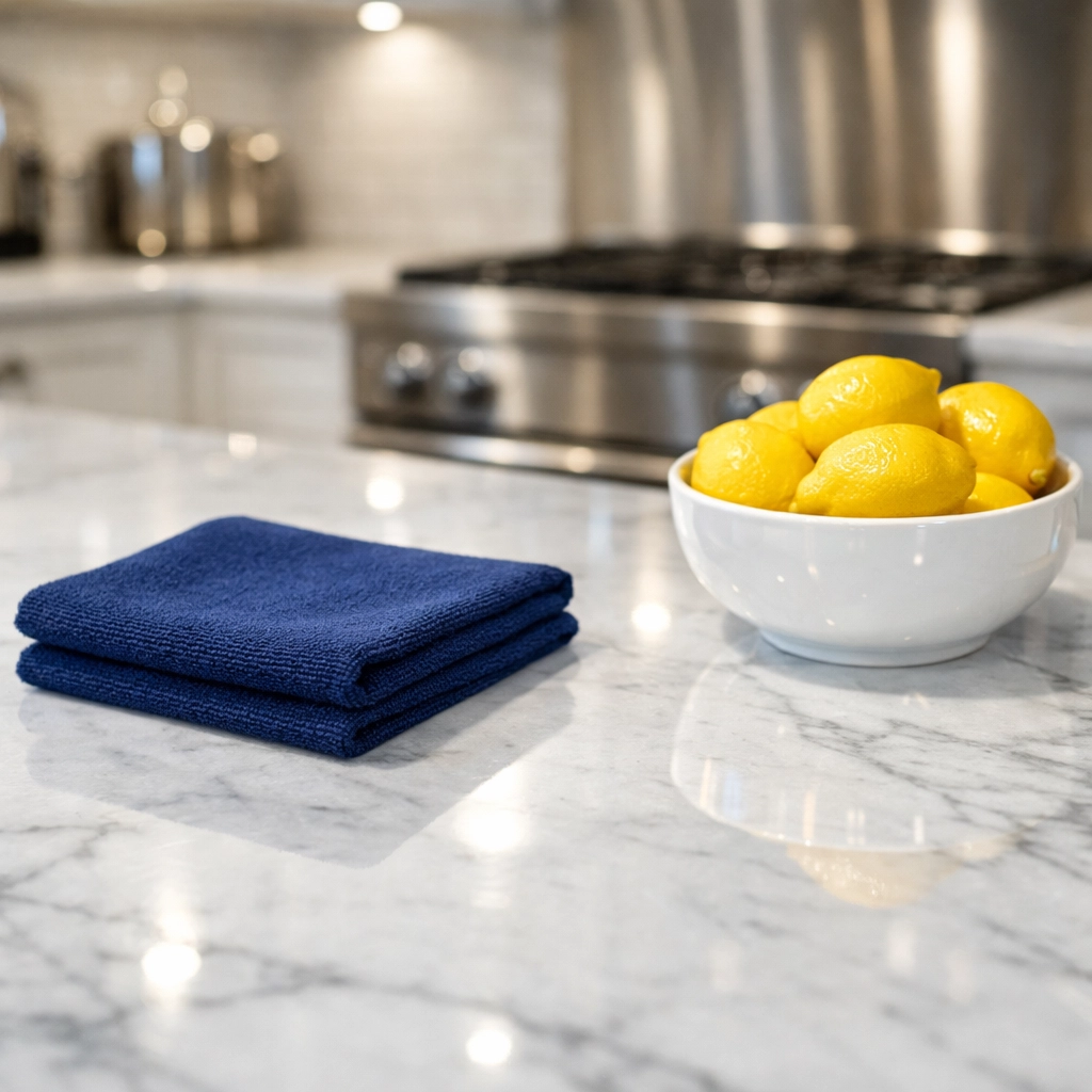 Pristine white marble kitchen countertop cleaned with professional attention to detail.