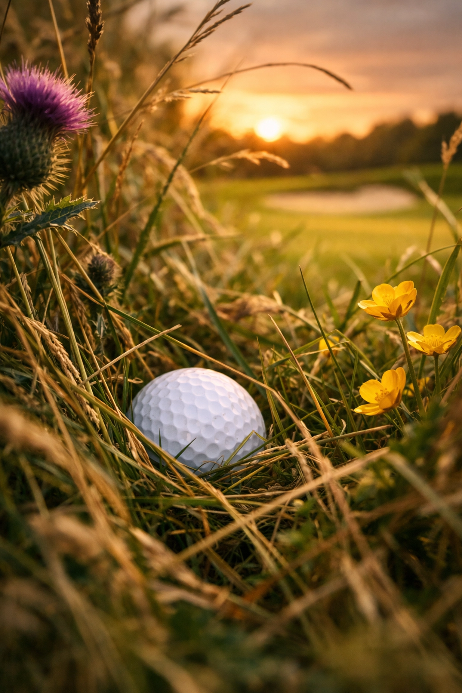 A lost golf ball in thick grass, illustrating funny mugs for men and novelty hobby gifts for golfers.