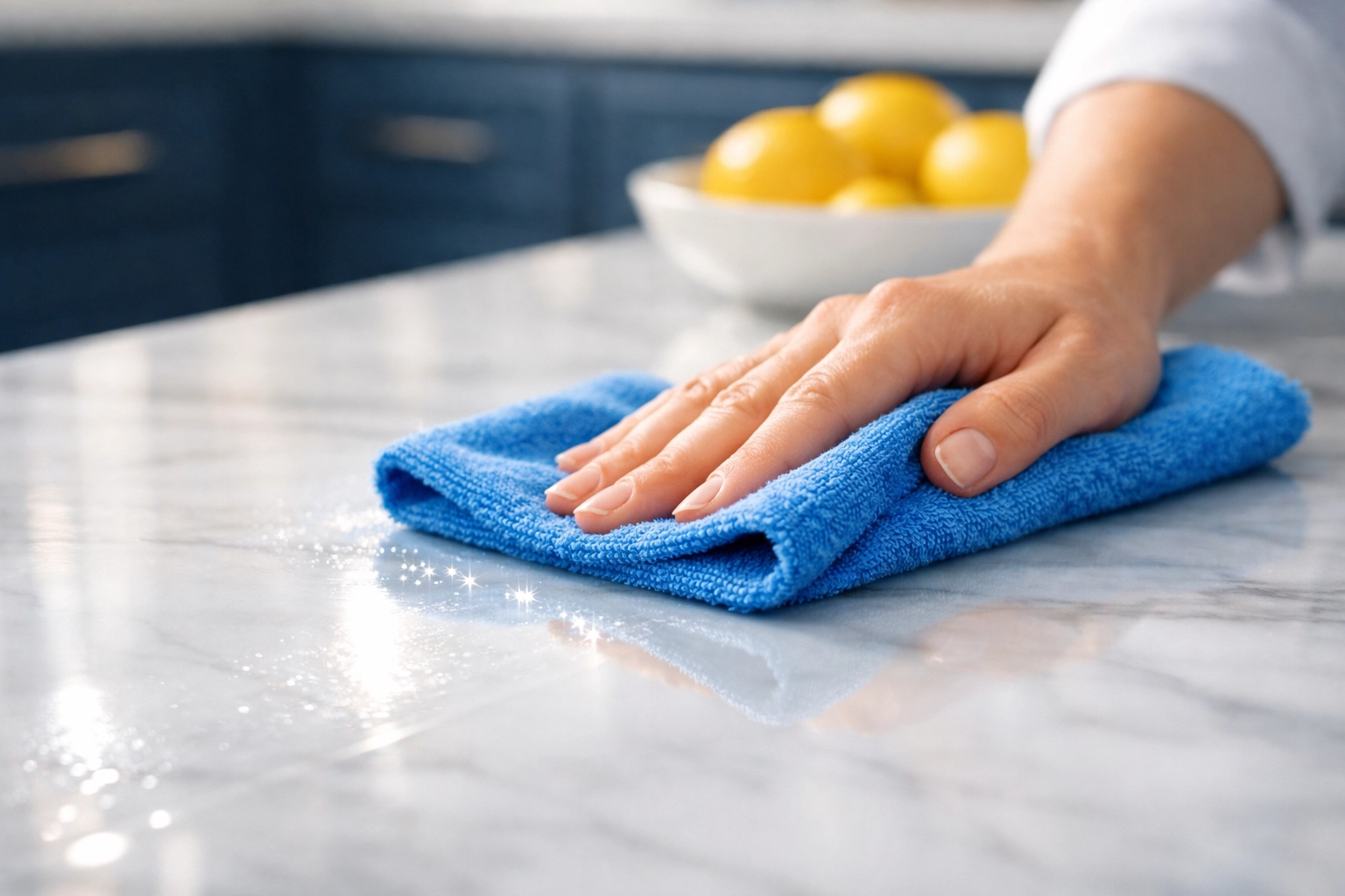 Eco-friendly residential cleaning in Leominster MA using microfiber cloths on a pristine marble kitchen counter.