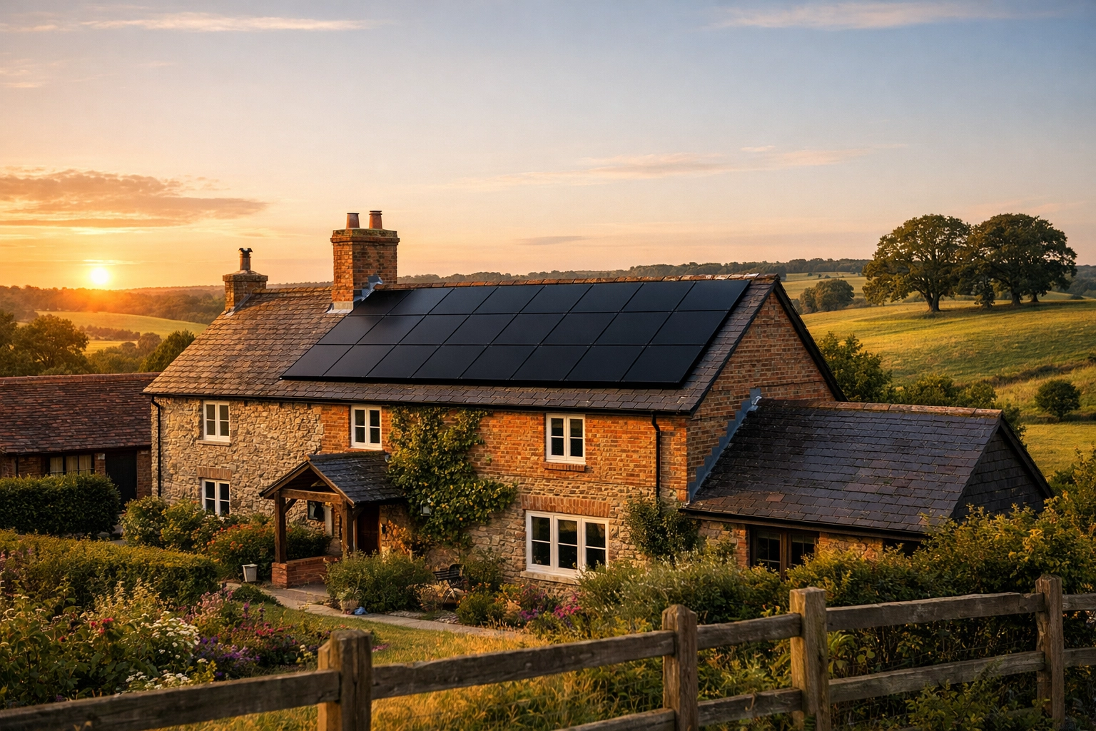Sleek all-black solar panels installed on a traditional farmhouse roof in the Wiltshire countryside.