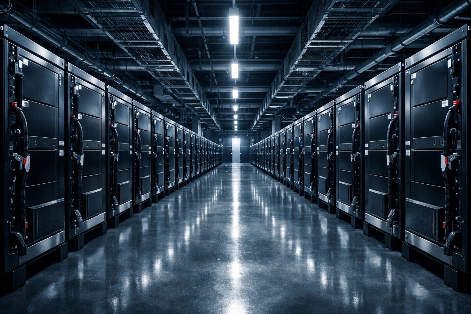 Large-scale industrial battery storage array providing backup power in a modern data center facility.