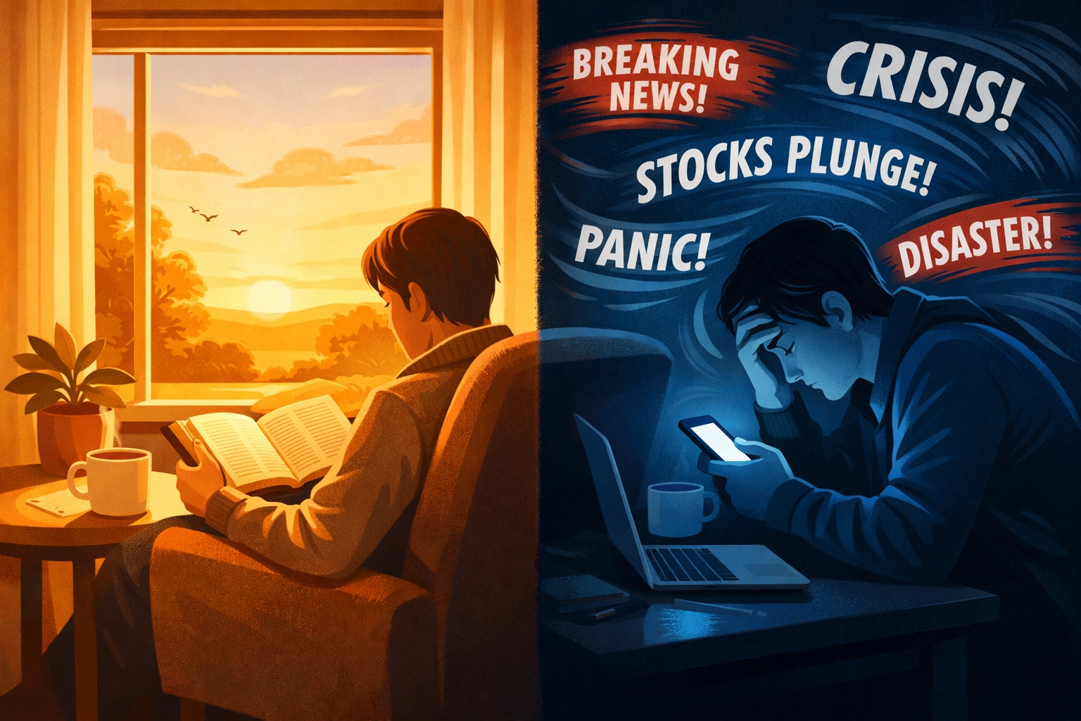 Peaceful Bible reading with coffee contrasted against stressed news scrolling on smartphone