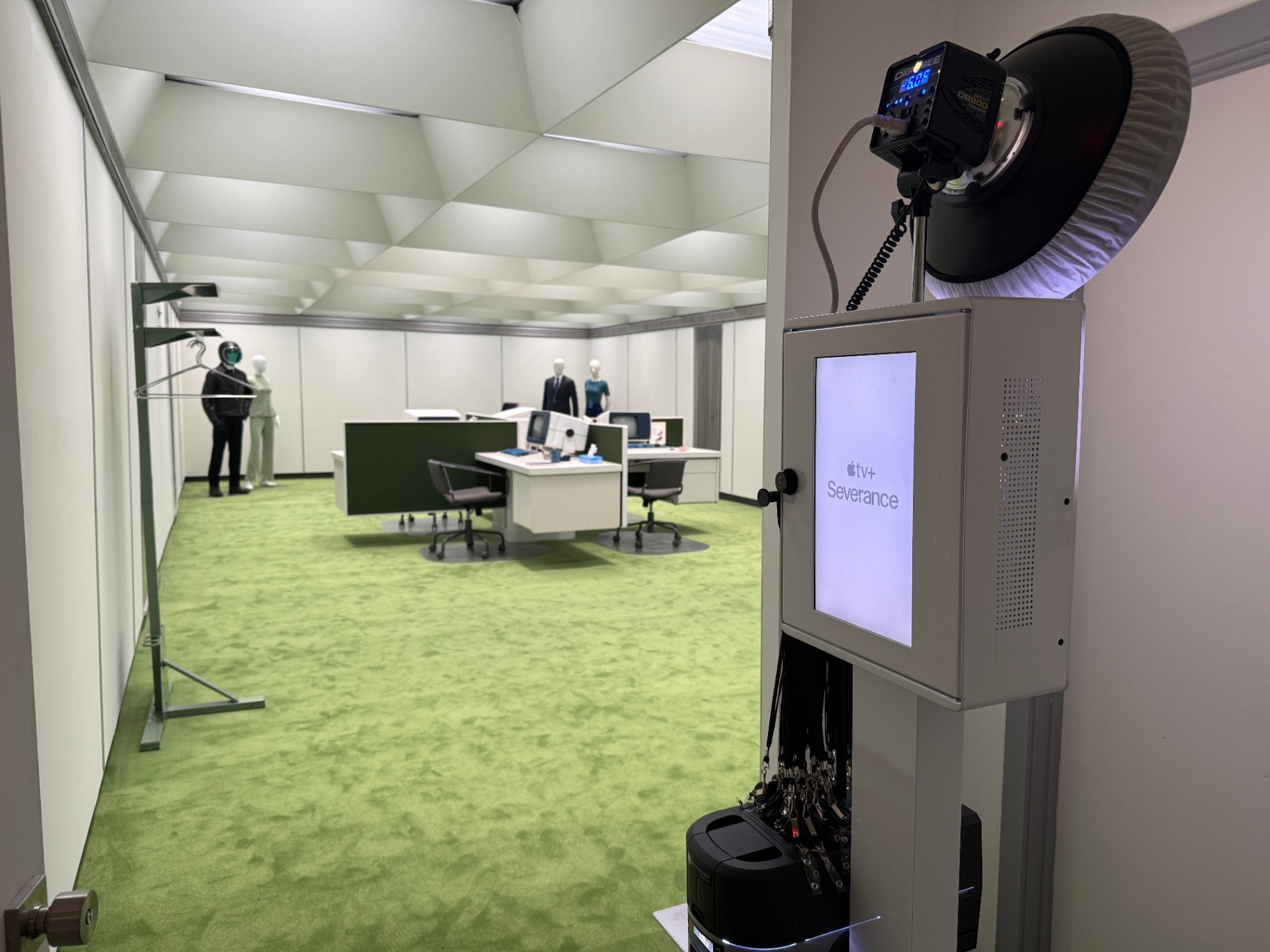 Modern photo booth at retro office activation (Apple TV+ Severance) — Los Angeles custom branded environment