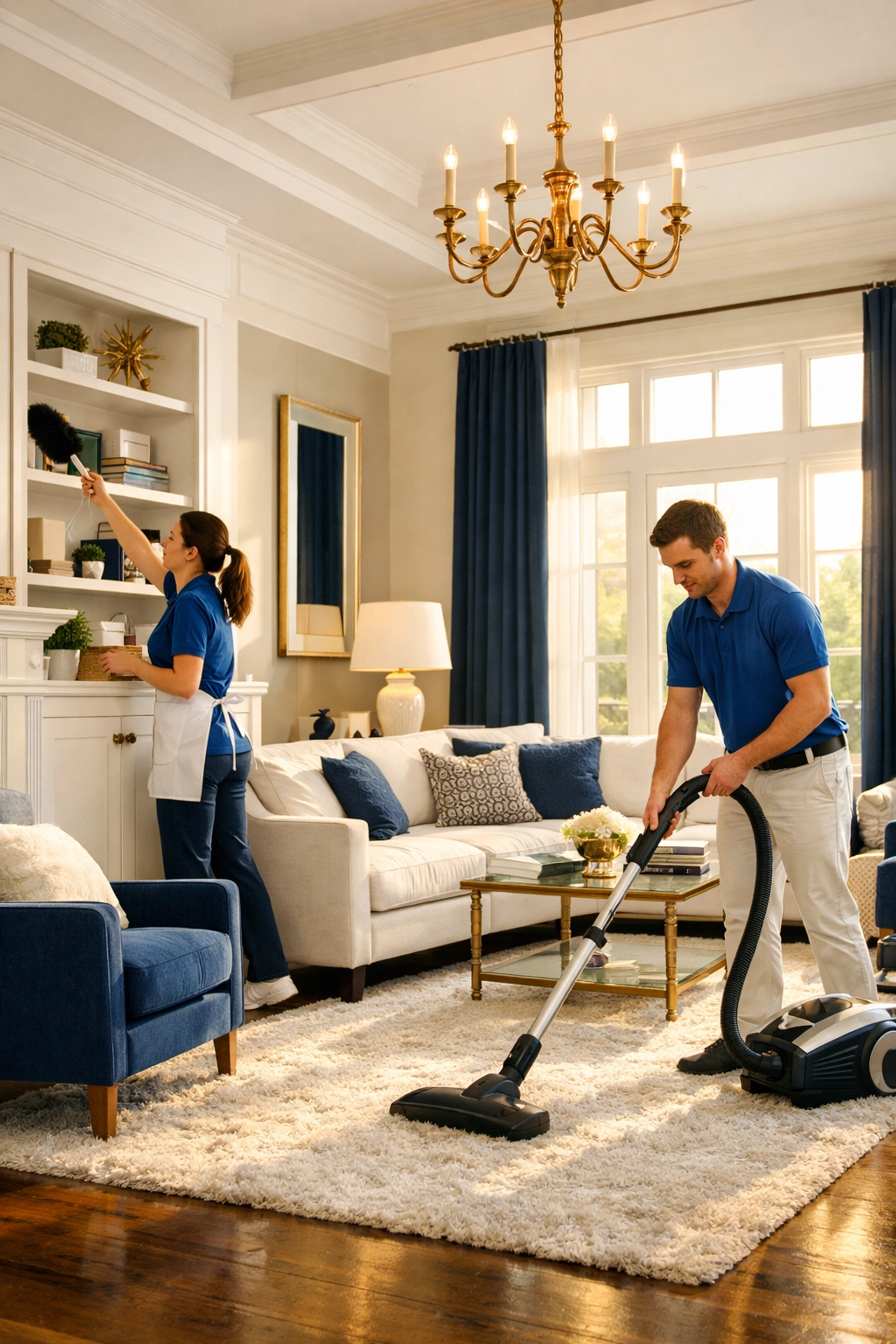 Professional house cleaning team providing MetroWest cleaning services in a high-end living room.