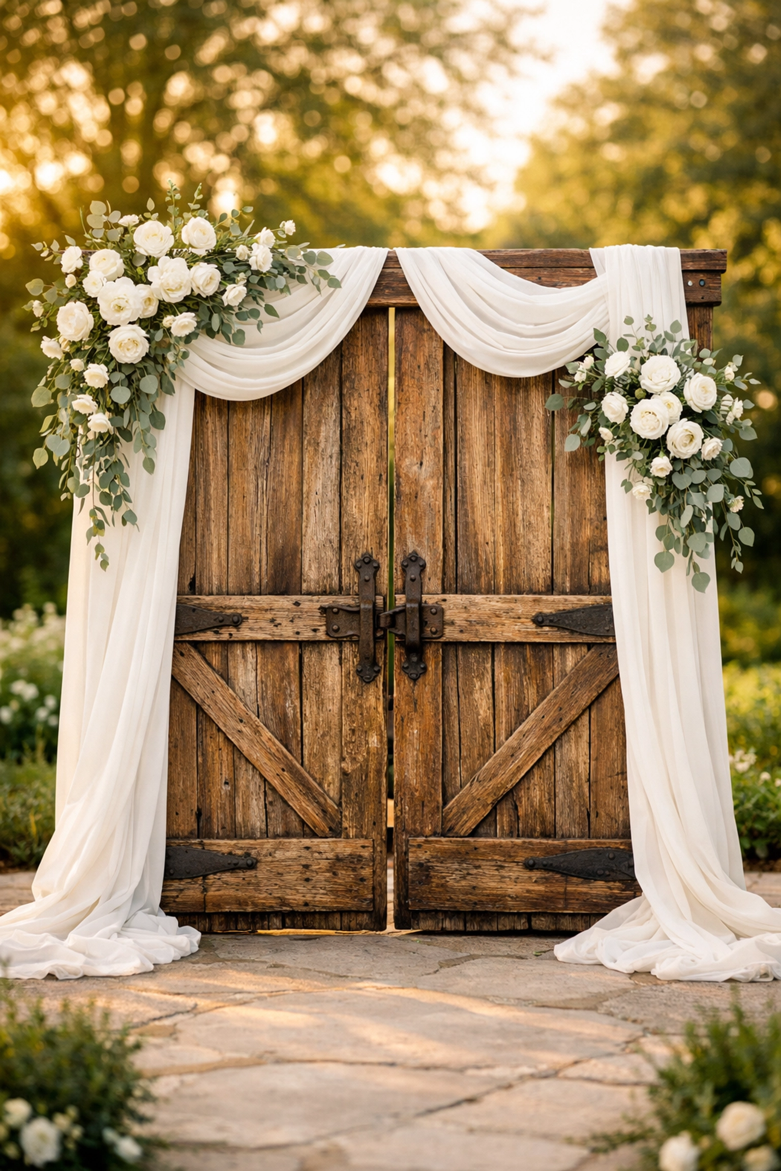 Rustic barn door wedding rental backdrop with white chiffon draping in Fort Wayne Indiana.