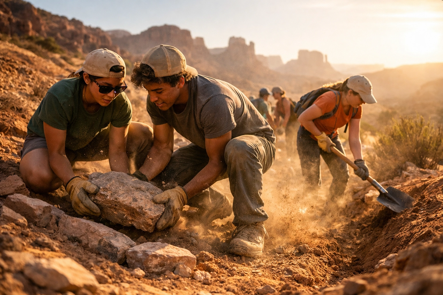 Students performing trail maintenance during a Grand Canyon student service trip.
