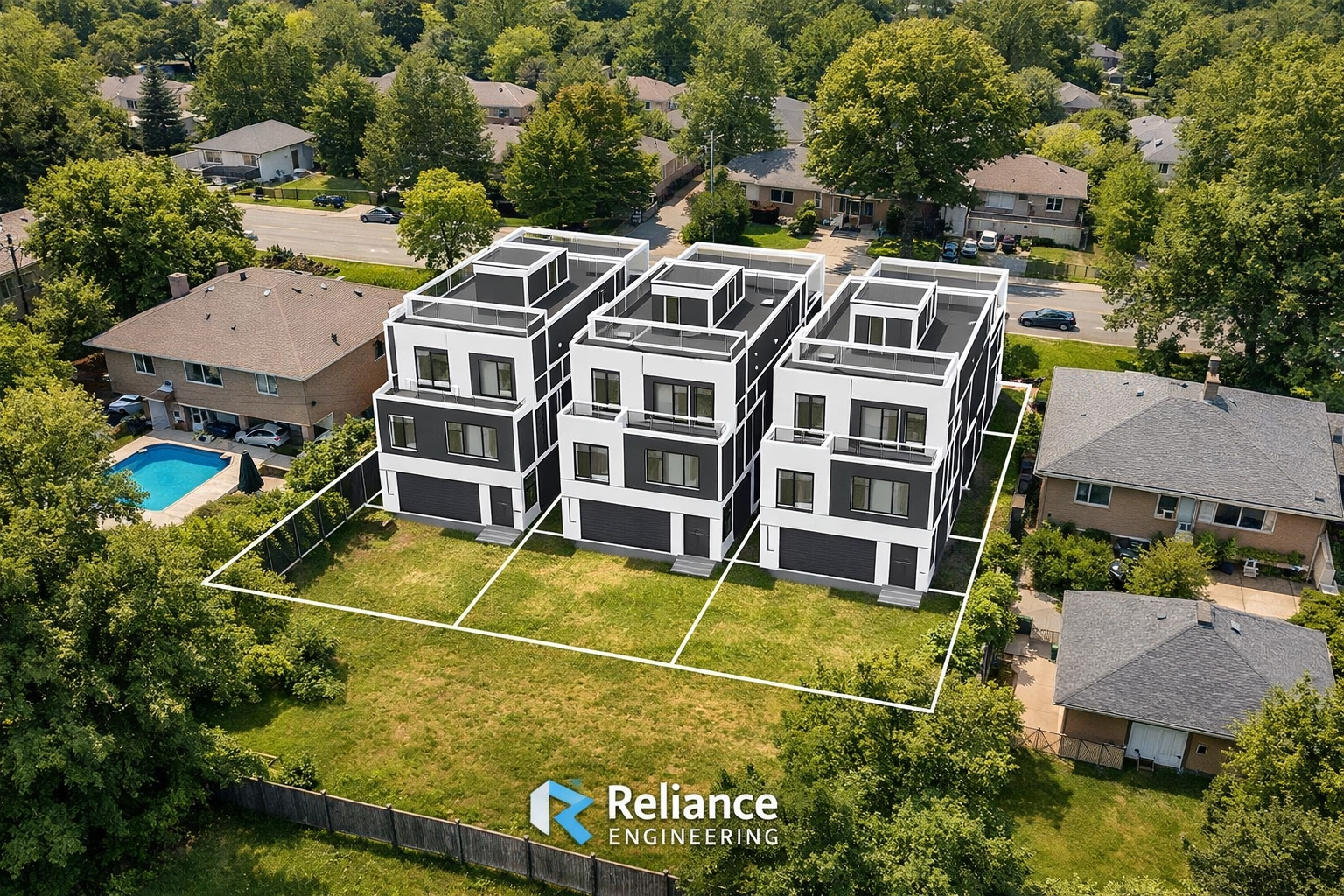 Aerial view of an Ontario residential lot illustrating land severance for multi-unit townhomes.