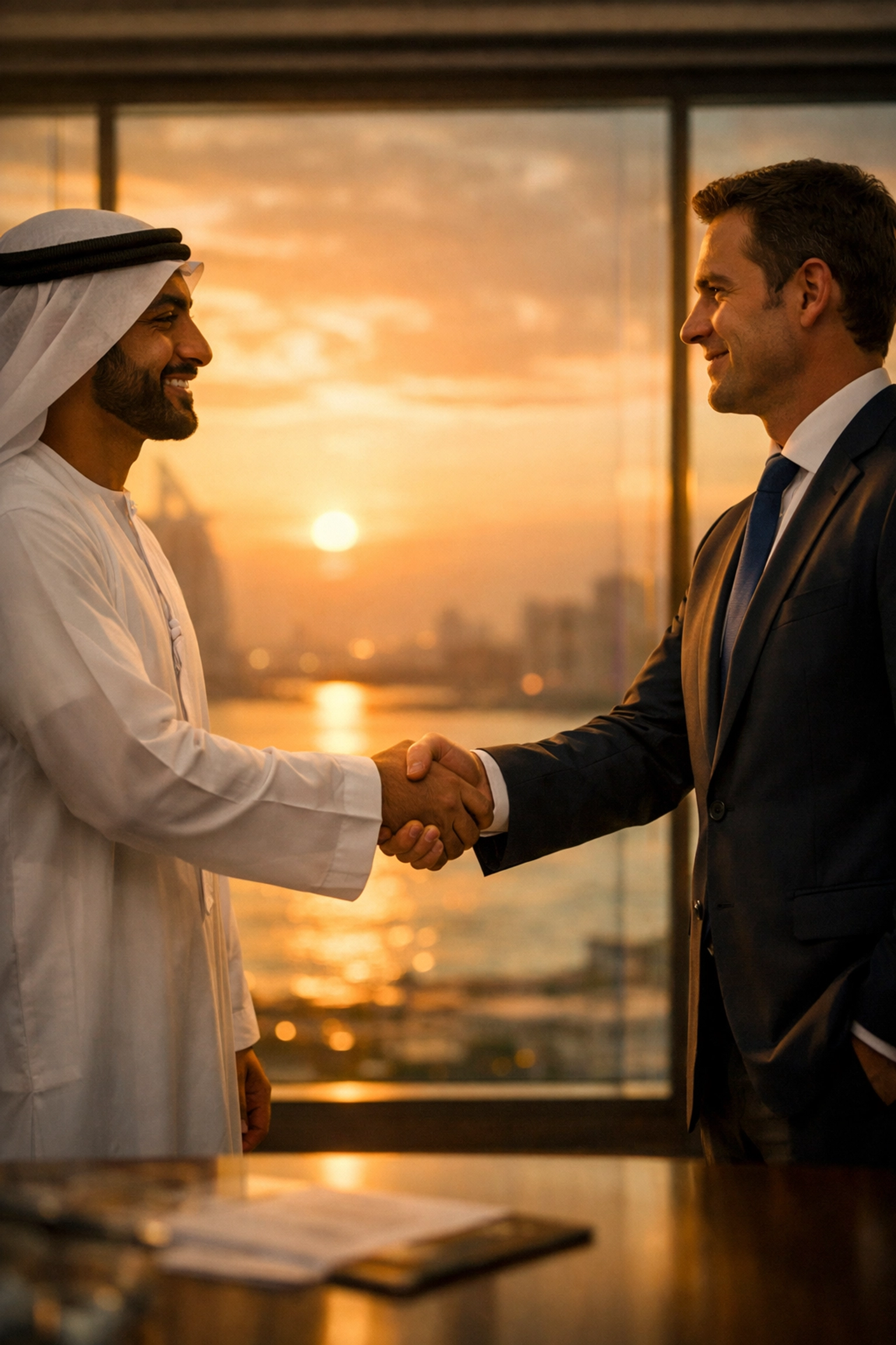 Gulf business partnership handshake between Emirati and Western executives