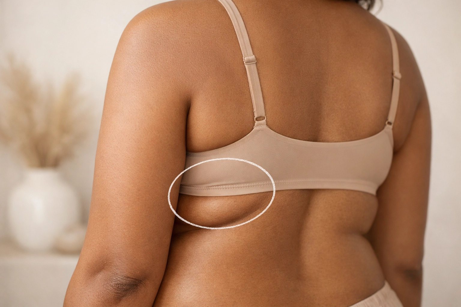 Bra-line fat below the bra band circled on the mid-back/side torso to show a common Aqualyx® treatment area