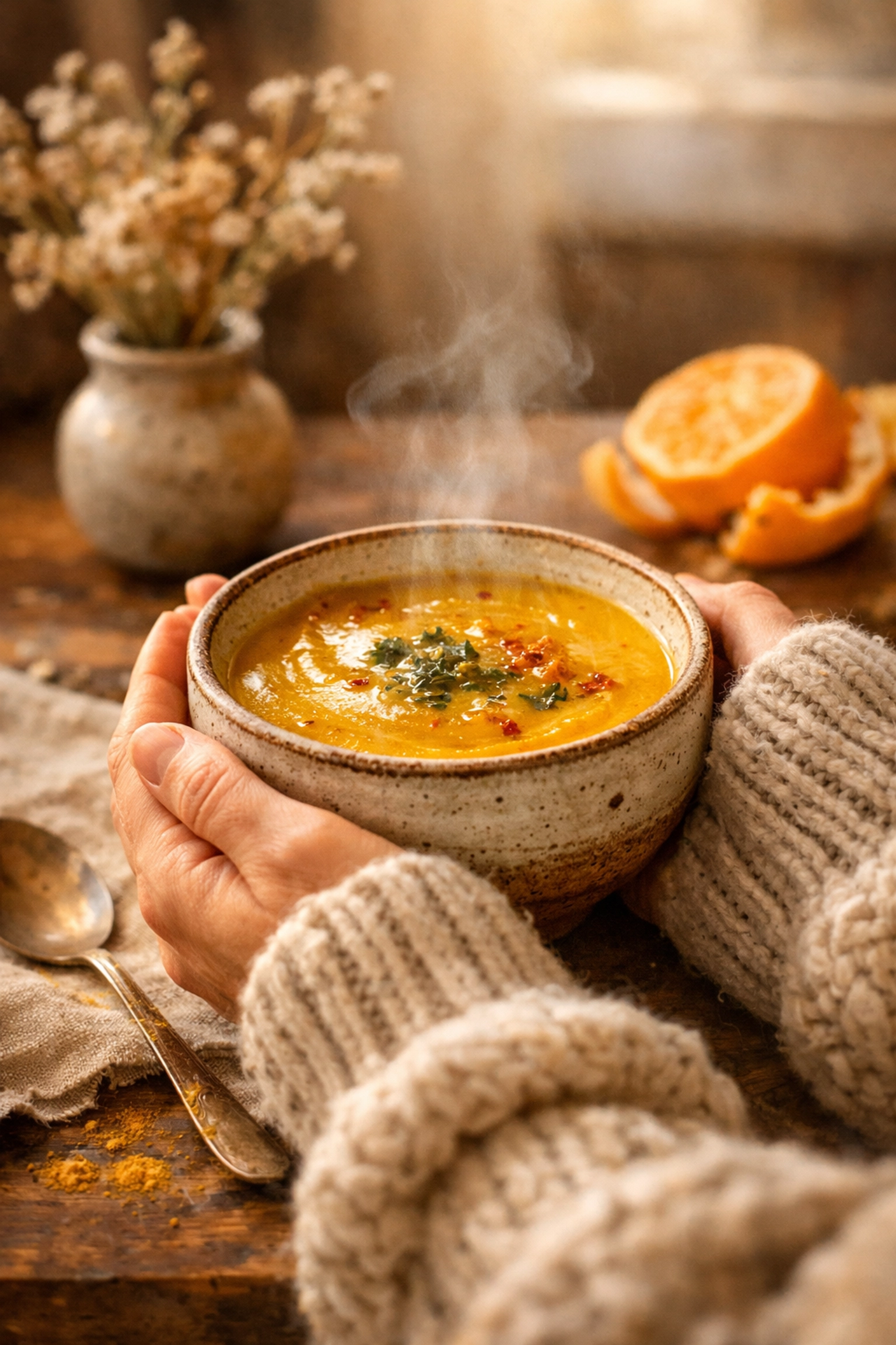 Warm soup held in hands, highlighting the role of postpartum nourishment and self-care in a new parent's daily life.