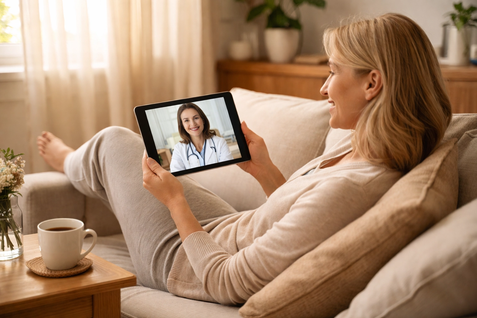 Woman using tablet for telemedicine visit with healthcare provider at home in Collierville area