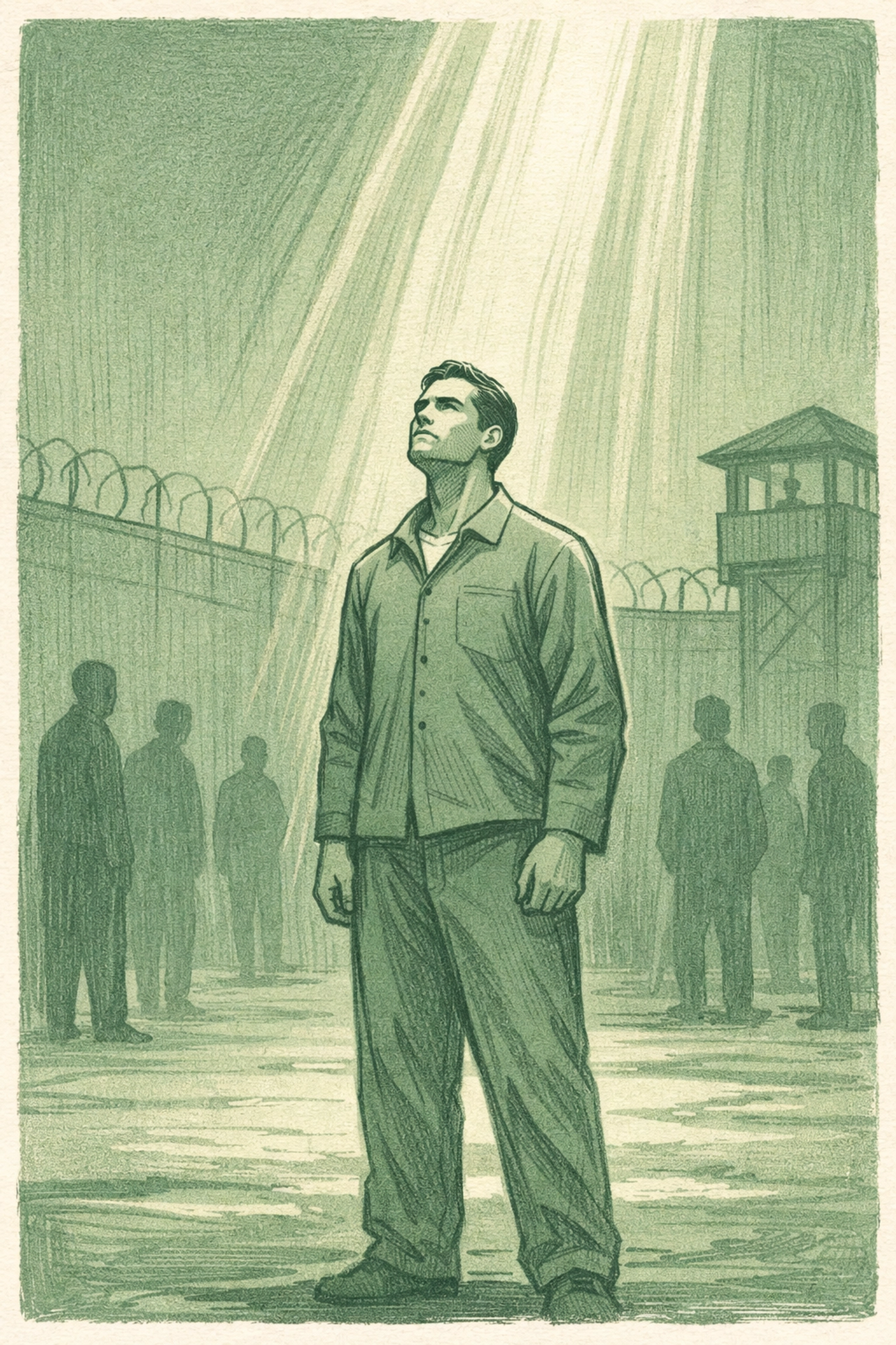 Gay man stands with dignity in prison yard demonstrating resilience and authentic self-expression