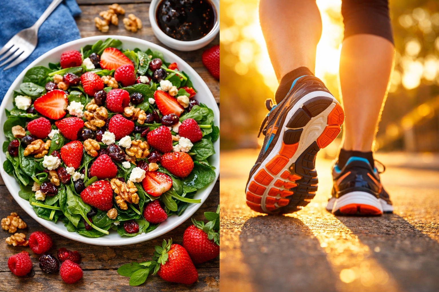Healthy salad and running shoes representing preventative health care as a financial asset.