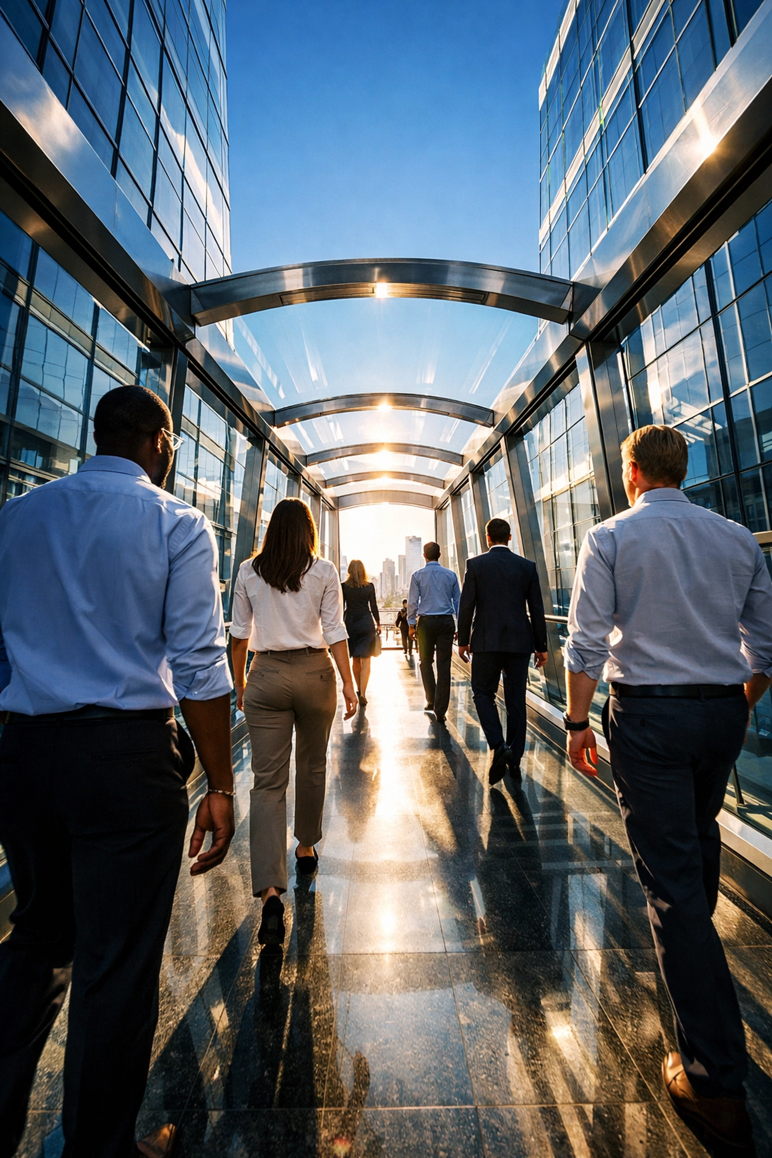 Professionals walking toward a sunlit horizon, representing a future-ready workforce and corporate growth.