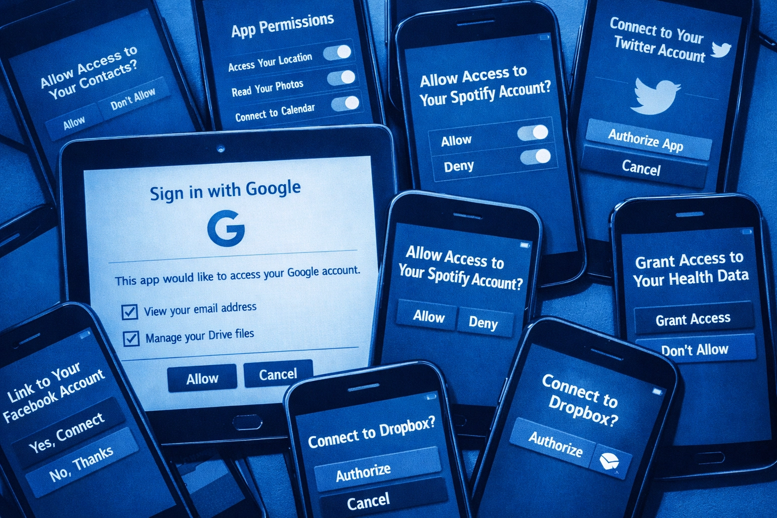 Multiple devices displaying third-party app permissions and Gmail account access controls