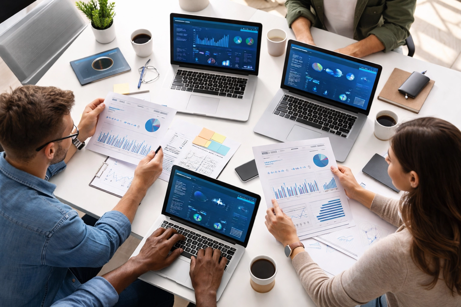 IT professionals collaboratively evaluate ServiceNow partner options in a modern workspace