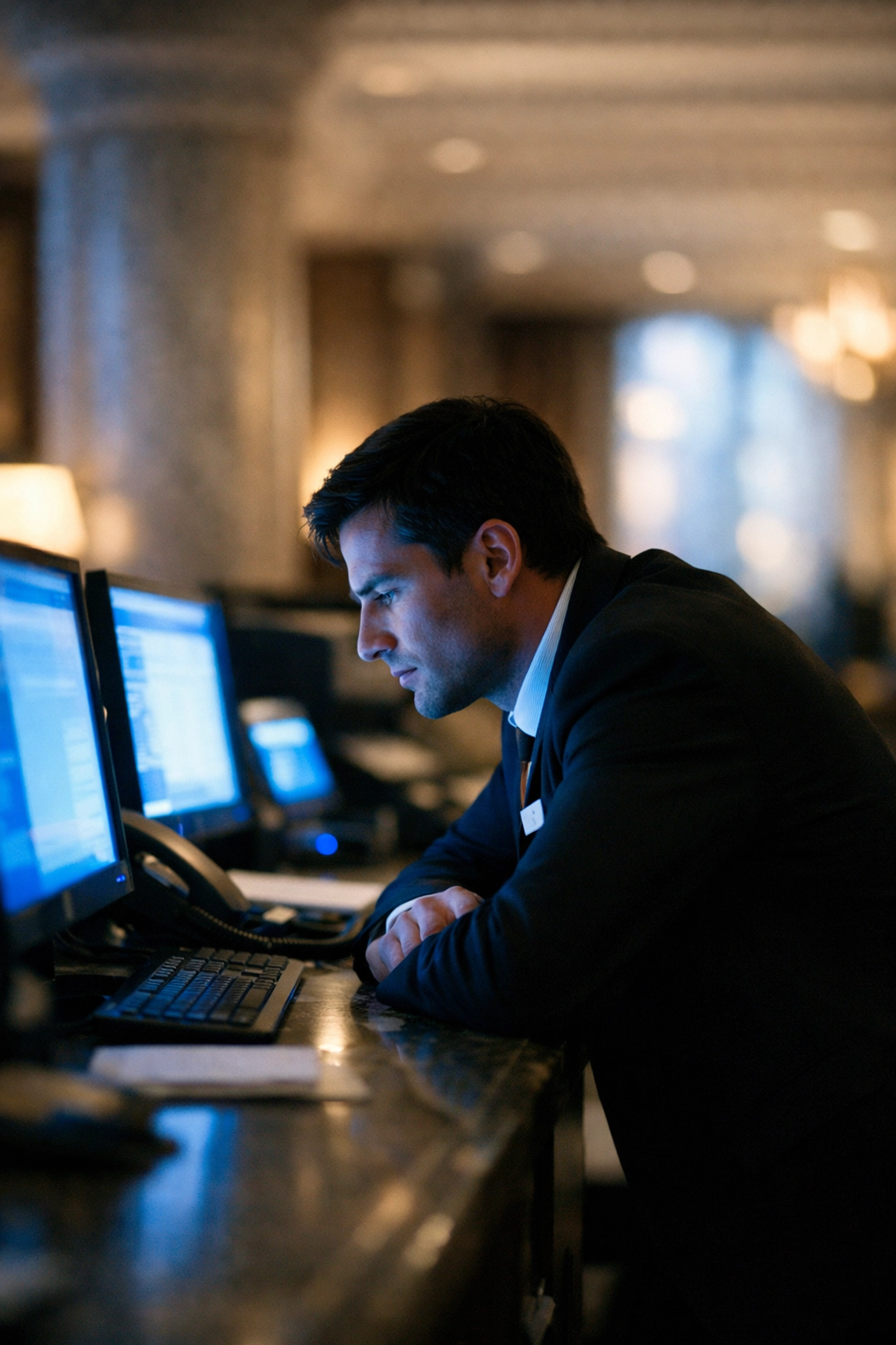 A stressed hotel receptionist working on multiple screens, showing the operational burden of legacy hotel systems.